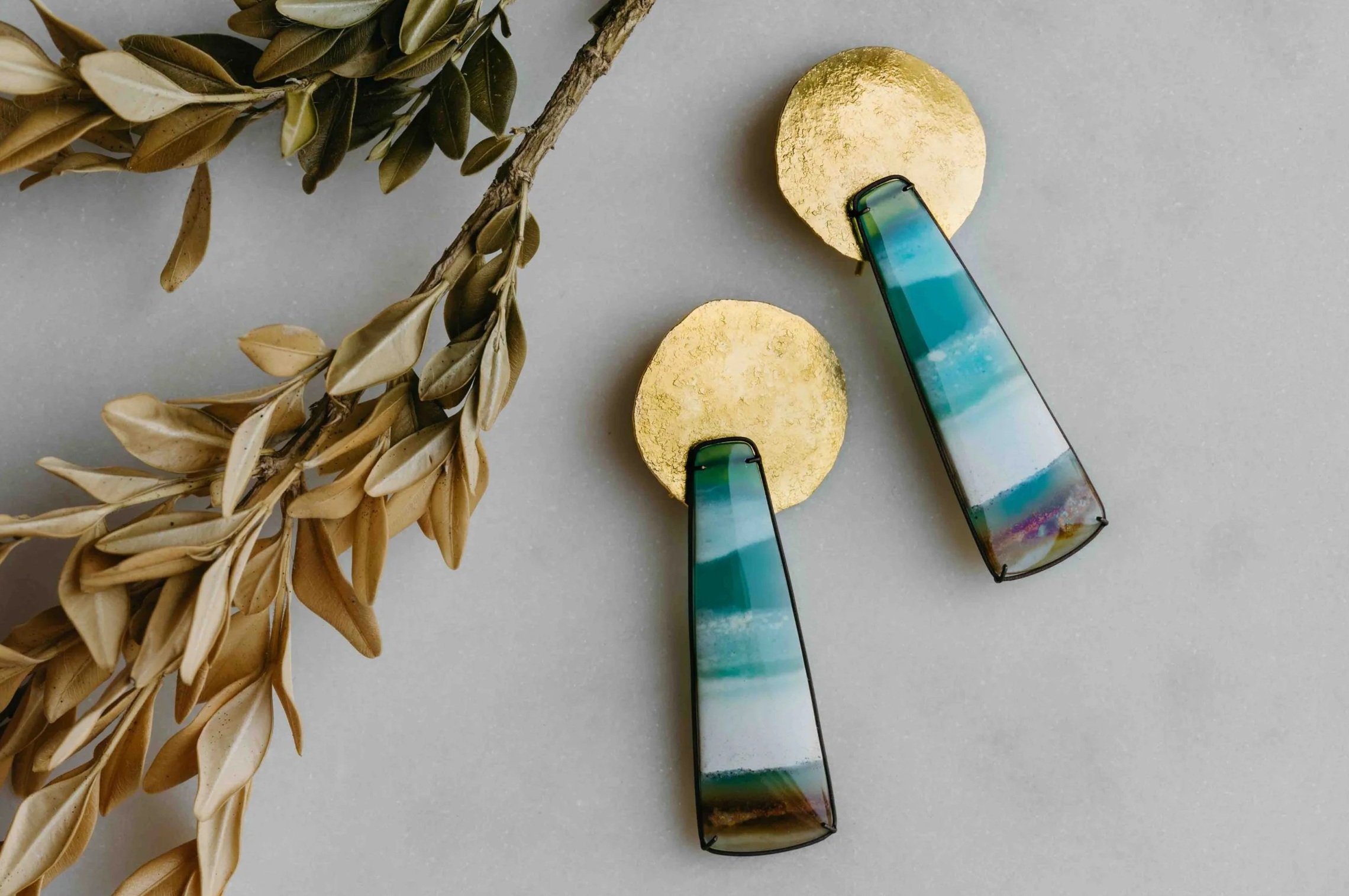 Gold Scale & Opal Wood Drop Earrings