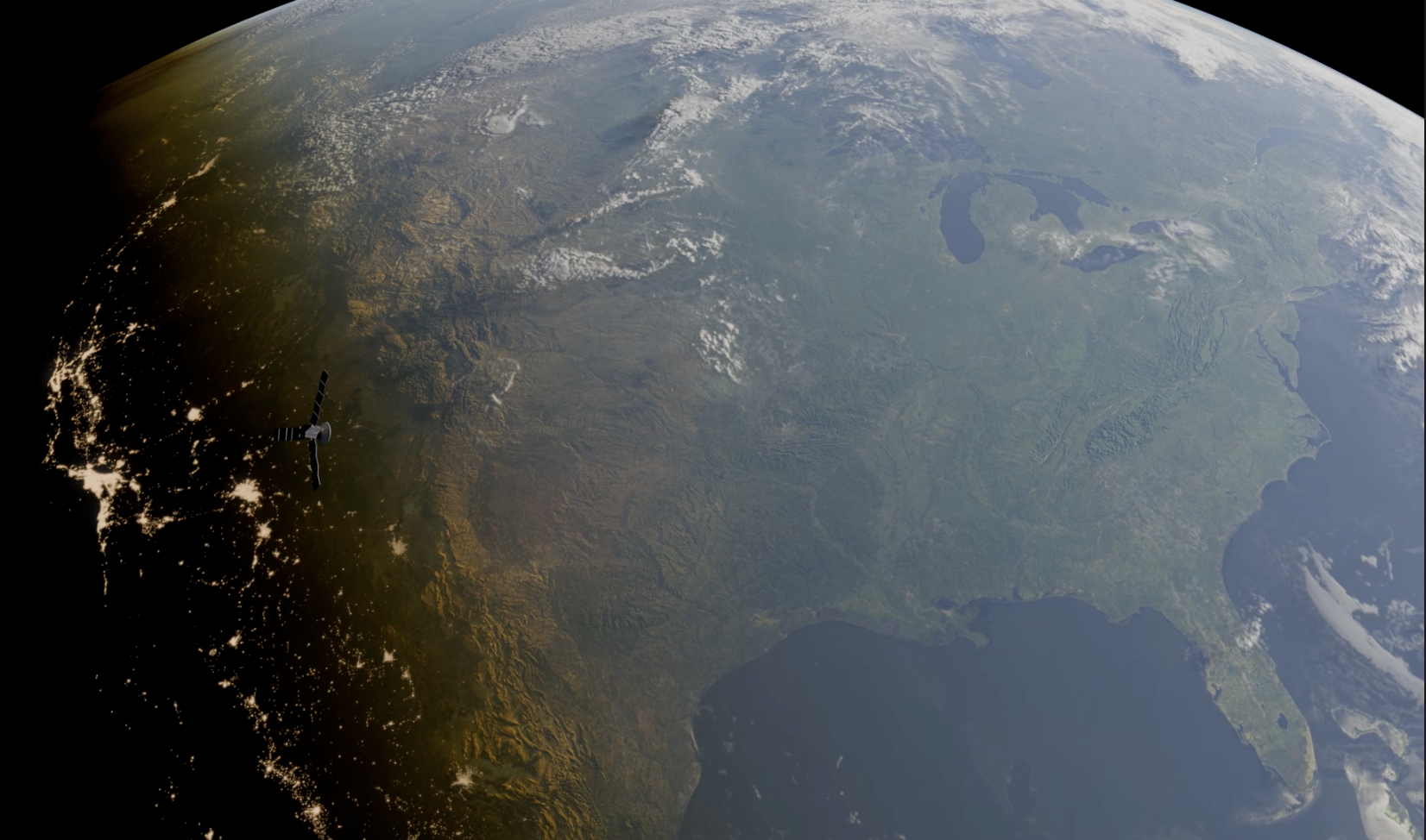 A satellite image of Earth showing the North American continent with city lights visible along the west coast and a spacecraft orbiting near the western part of the continent.