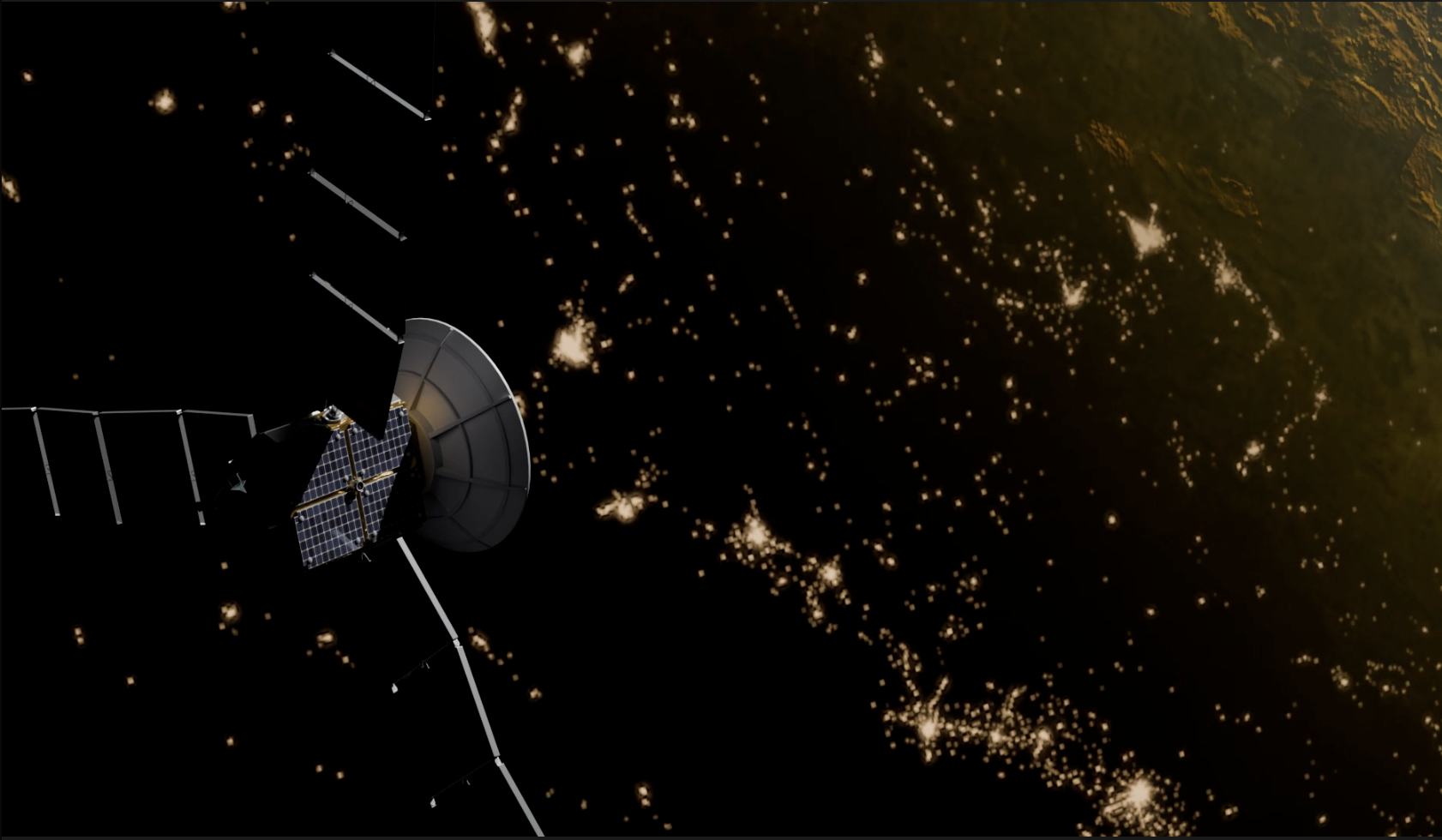 A spaceship in space with Earth in the background, illuminated with city lights visible on the surface.