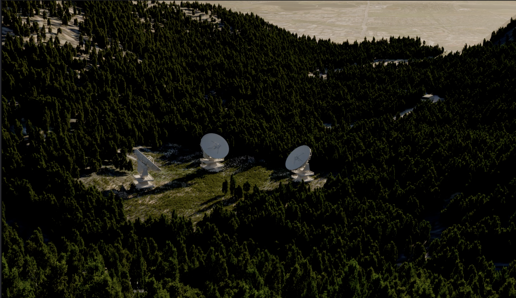 Aerial view of a dense forest with three large satellite dishes in the center.