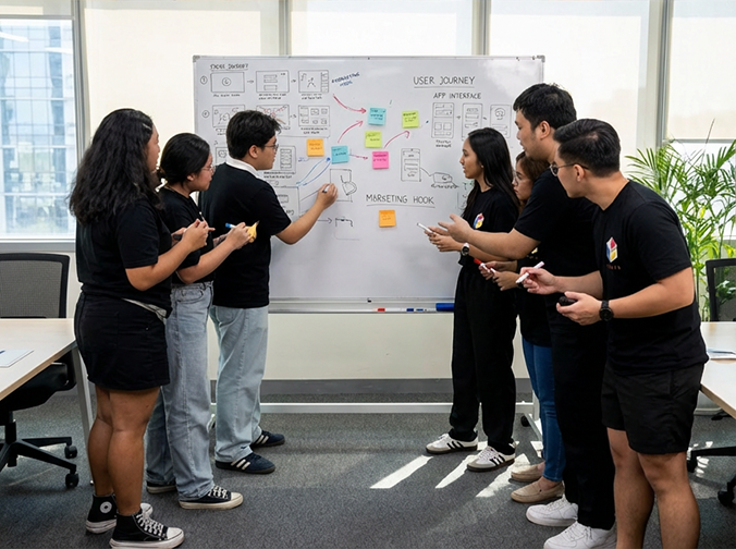Masaya team brainstorming ideas together on a whiteboard