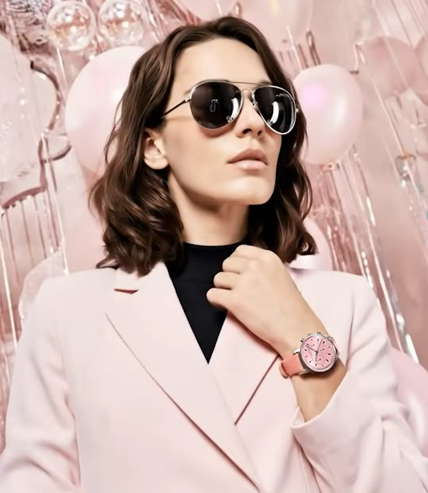 A woman wearing sunglasses, a light pink blazer, and a pink watch, standing in front of a pink balloon and balloon arch backdrop.