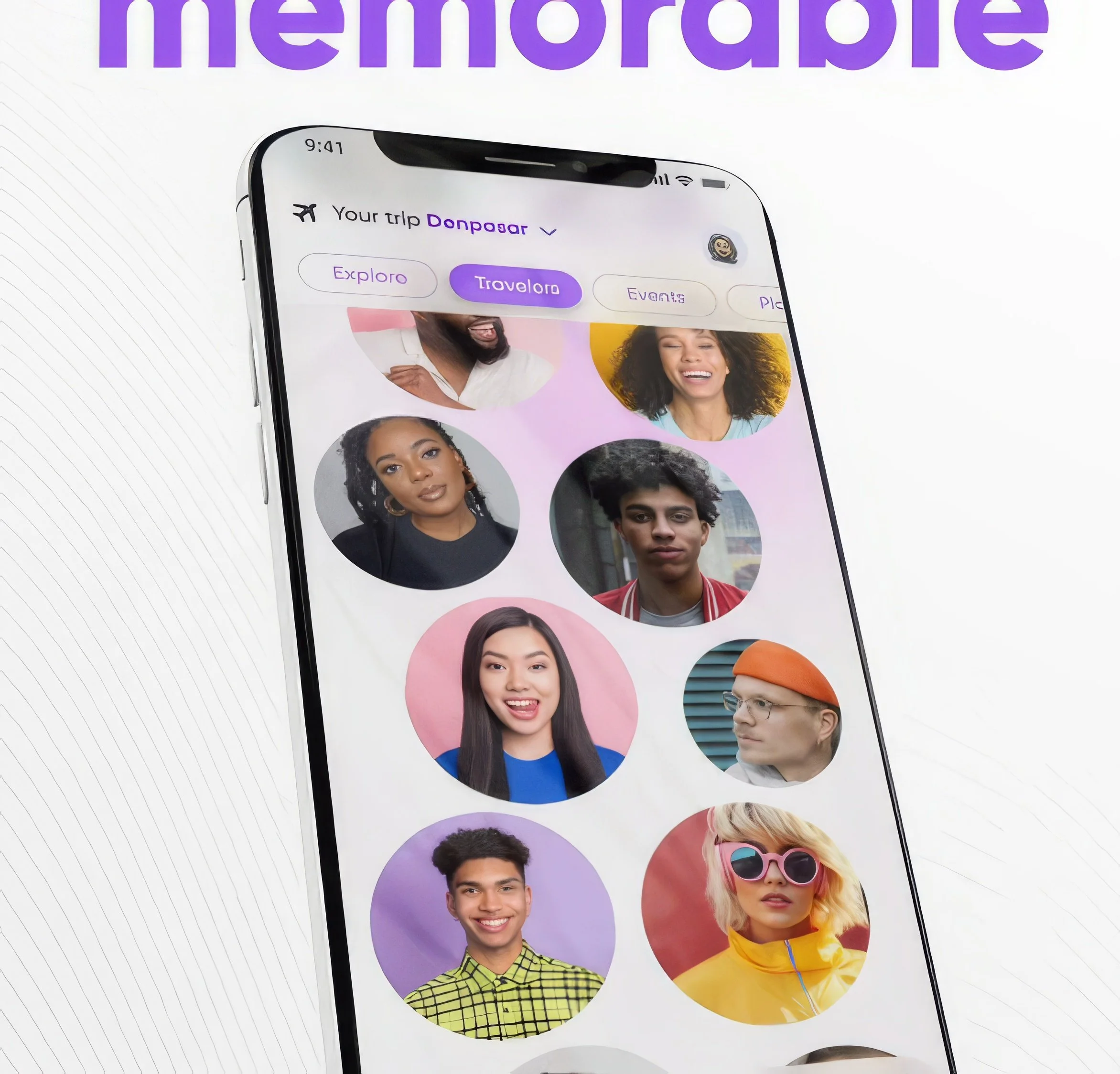 Smartphone screen displaying a social media profile with circular profile pictures of diverse individuals, set against a pink and purple background, with purple added icons and text at the top.