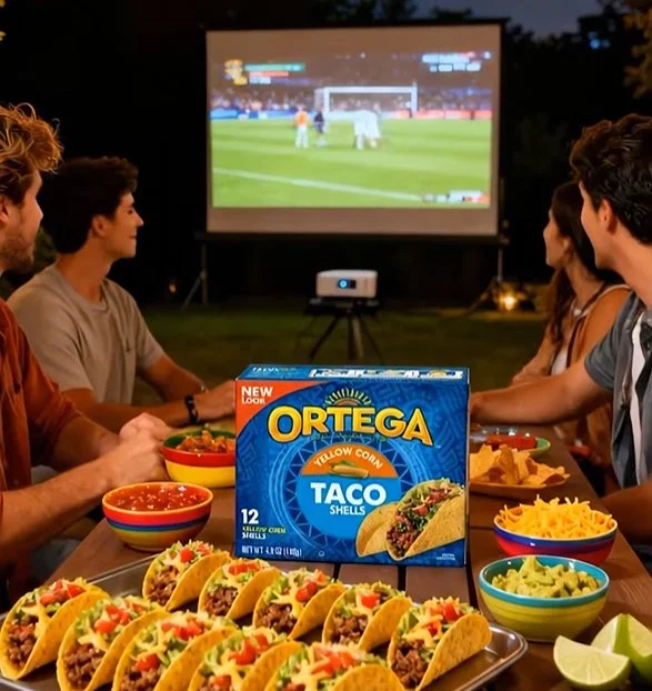 People gathered outdoor at night watching a soccer game on a projector screen, with taco shells, bowls of chips, guacamole, salsa, and lime wedges on the table.