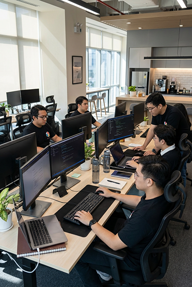 Masaya creative team working on video editing and production at computer workstations