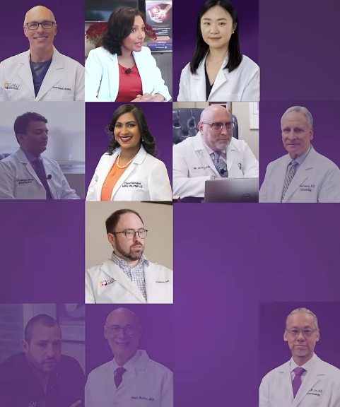 Collage of nine medical professionals in white coats with purple background.