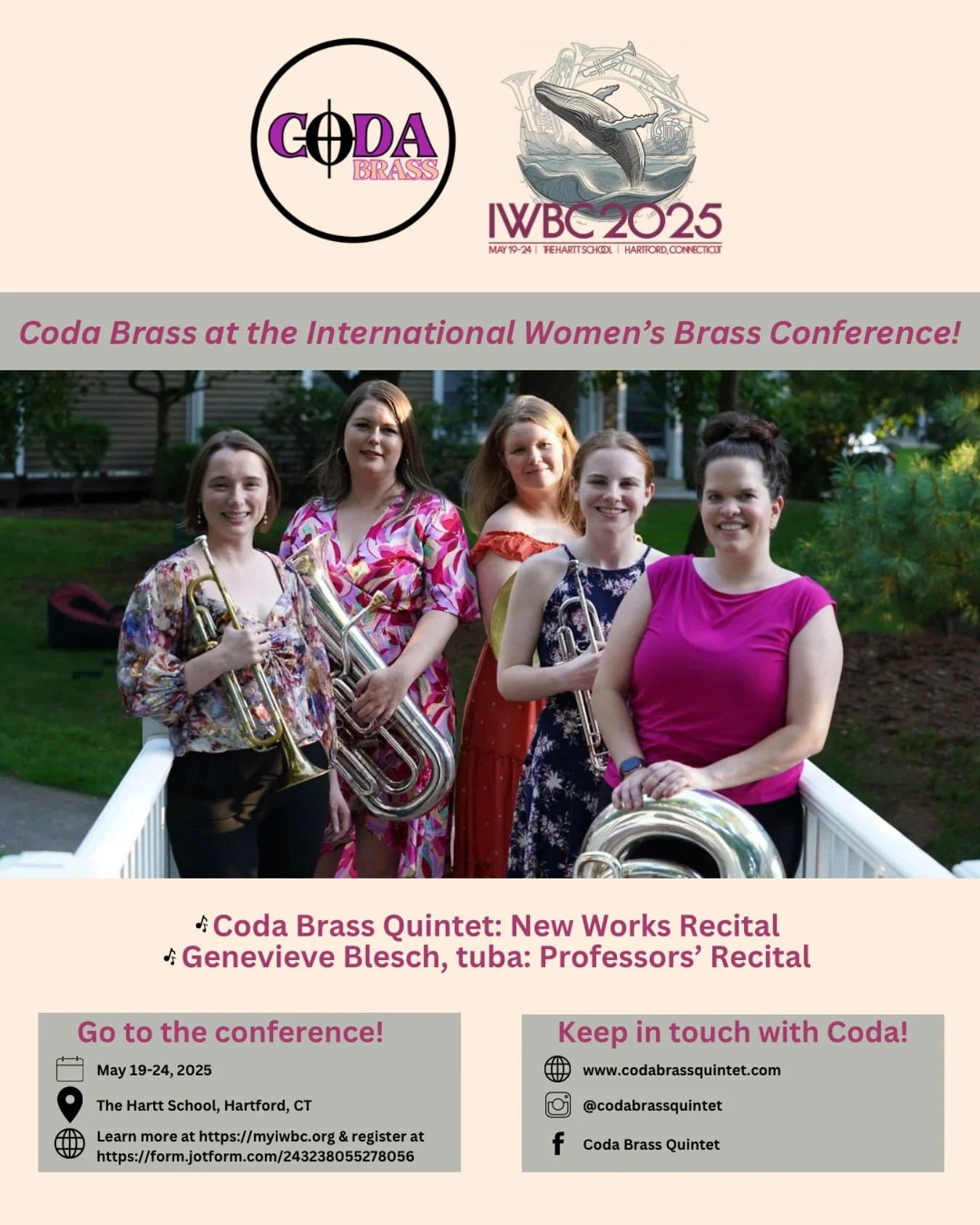 📣 Coda at IWBC!

Coda Brass Quintet is happy to announce that we will be performing at the International Women&rsquo;s Brass Conference! Coda will be playing Julienne Tsang&rsquo;s Color, Fabric, Mood at the New Works Recital, and our tuba player, G