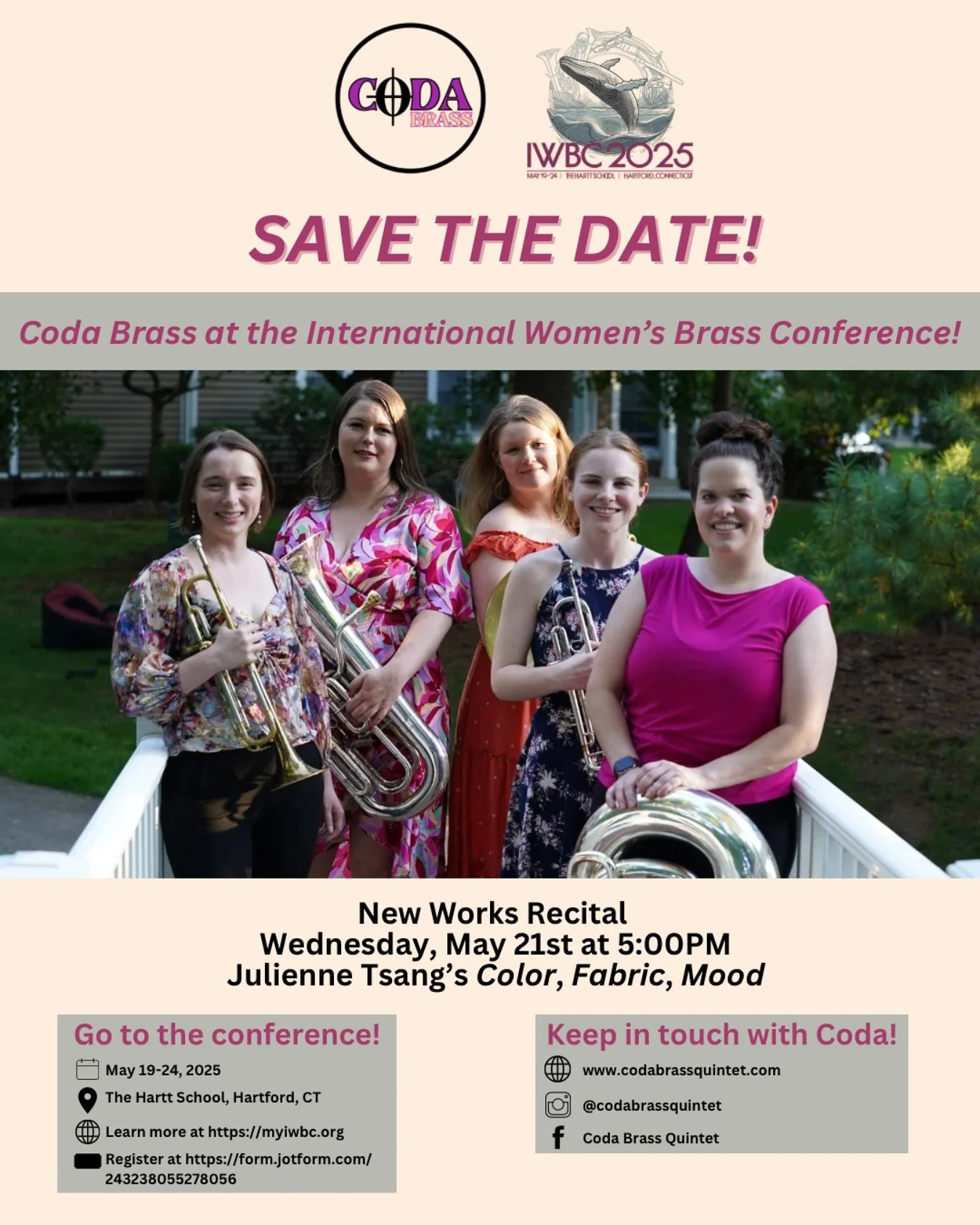 Save the Date - Coda at IWBC!

In a few weeks, we will be performing Julienne Tsang&rsquo;s Color, Fabric, Mood for the New Works Recital at the International Women&rsquo;s Brass Conference! Save the date and register to make sure you can see us and 