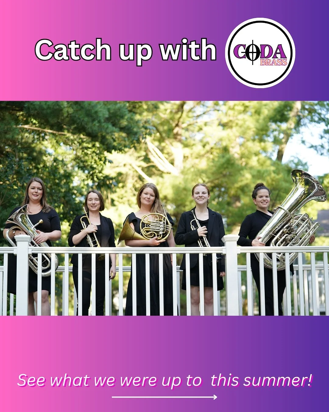 The Coda gang stayed busy all summer long, and we are excited to dive into big projects this fall! 

Here are some highlights from the summer season!

☀️ June 15th performance at Harrogate Retirement Community
☀️ Libby worked as the Brass Caption Man