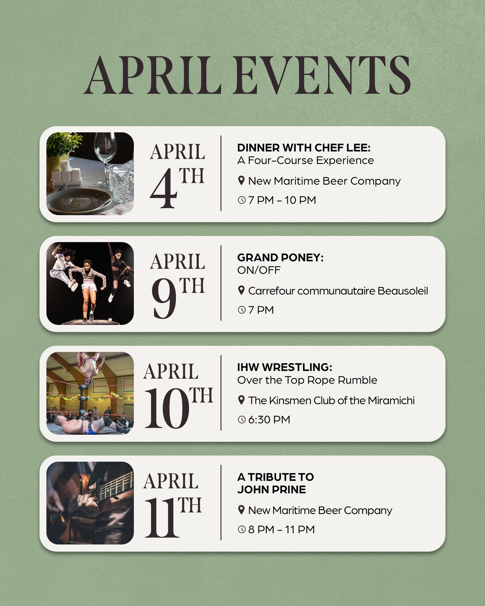 It might be April Fools&hellip; but these events are no joke 👀

There&rsquo;s something happening throughout the month in the Miramichi Region, from live music to art and performances you won&rsquo;t want to miss.

🍽️ April 4th: Dinner with Chef Le