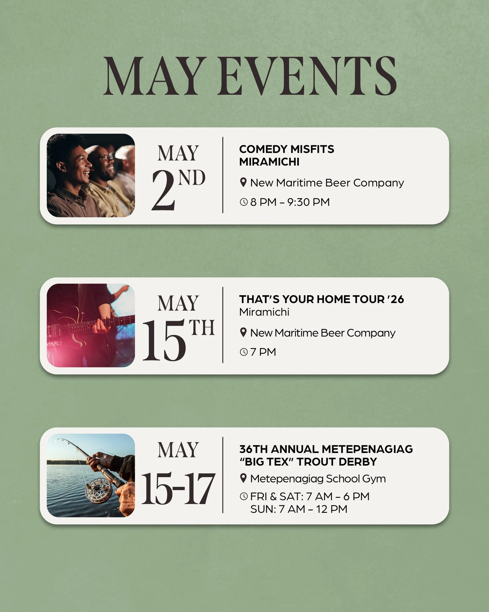 This time of year, the calendar starts to fill up again.

Local events, community traditions, and plenty of reasons to get out and be part of it all.

See what&rsquo;s happening this month 👇

😂 May 2: Comedy Misfits Miramichi
🎶 May 15: That&rsquo;
