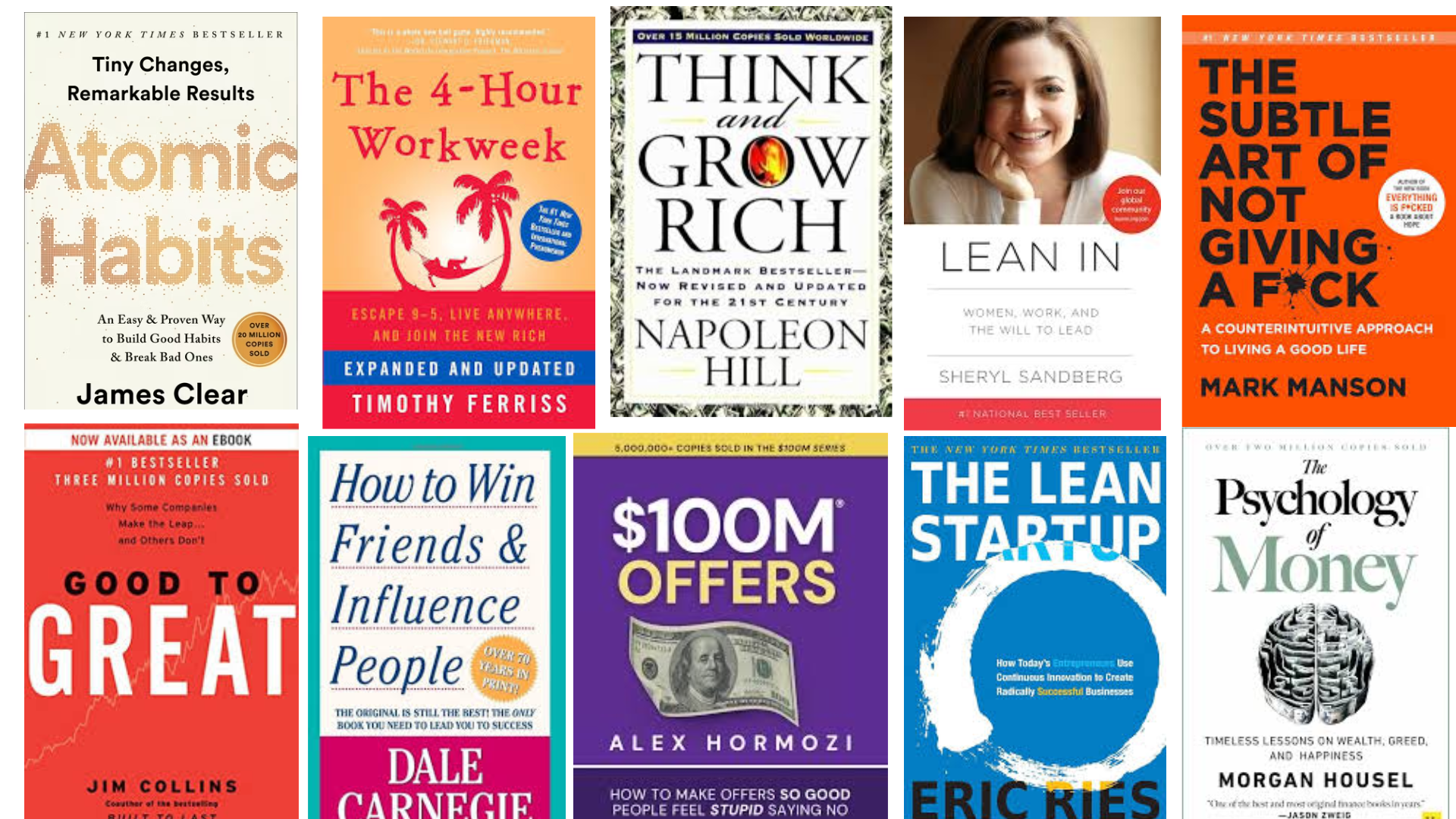 Collage of popular books for entrepreneurs including Atomic Habits, 4-Hour Work Week, Think and Grow Rich, Lean In, Subtle Art of Not Giving a F*ck, Good To Great, Alex Hormozi, Dale Carnegie, Lean Offers, Psychology of Money