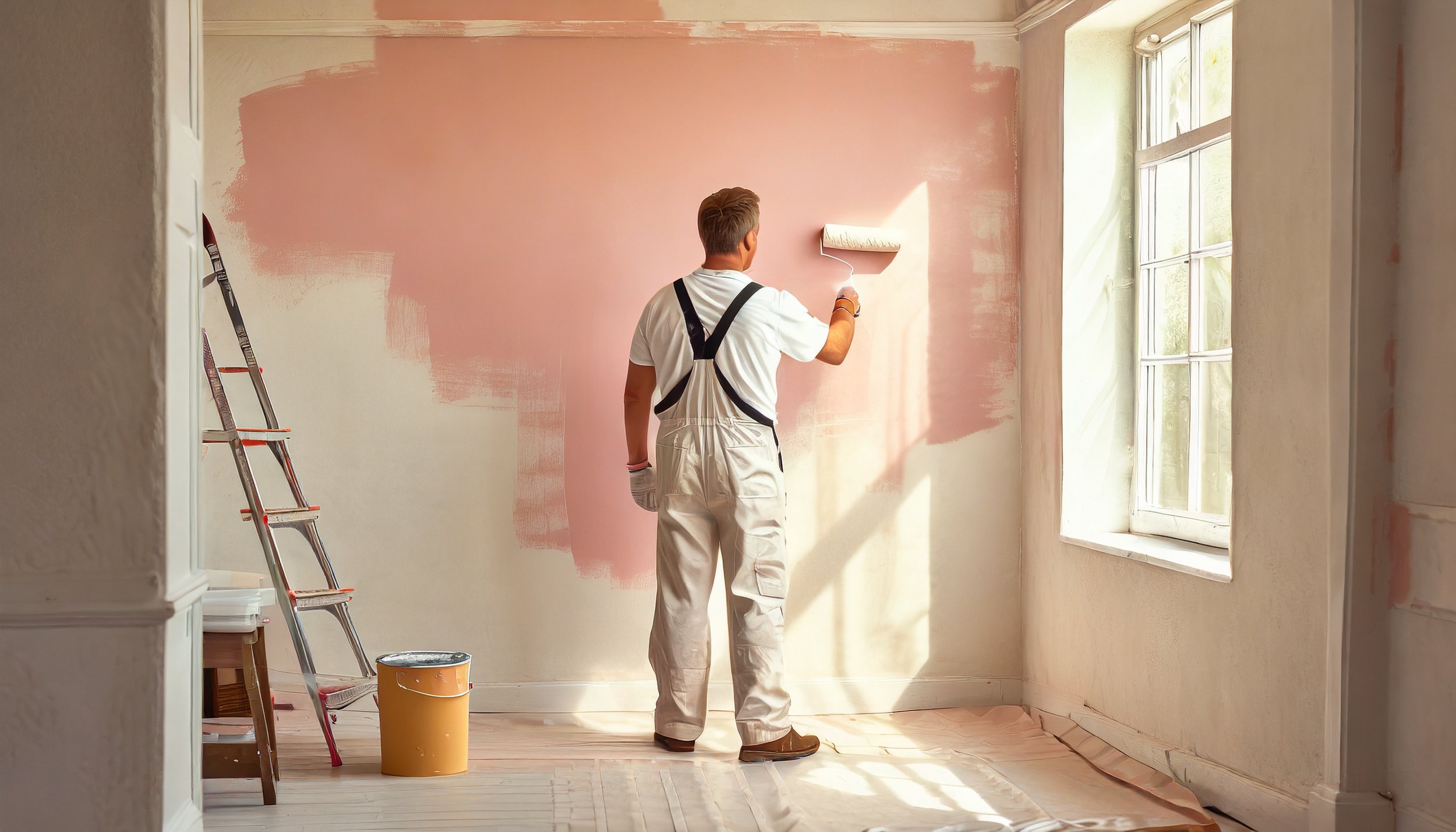 Firefly professional male decorator. view from back. wearing white. in a house. painting a wall pink.jpg