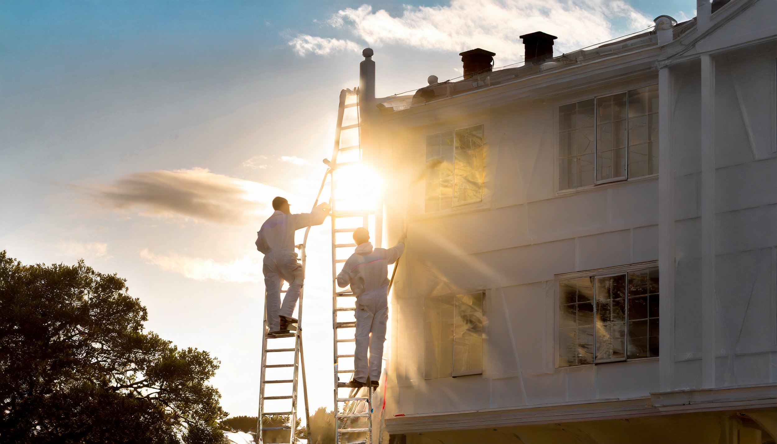 Firefly team of professional decorators. wearing white. painting the exterior of a hotel. on ladders (1).jpg