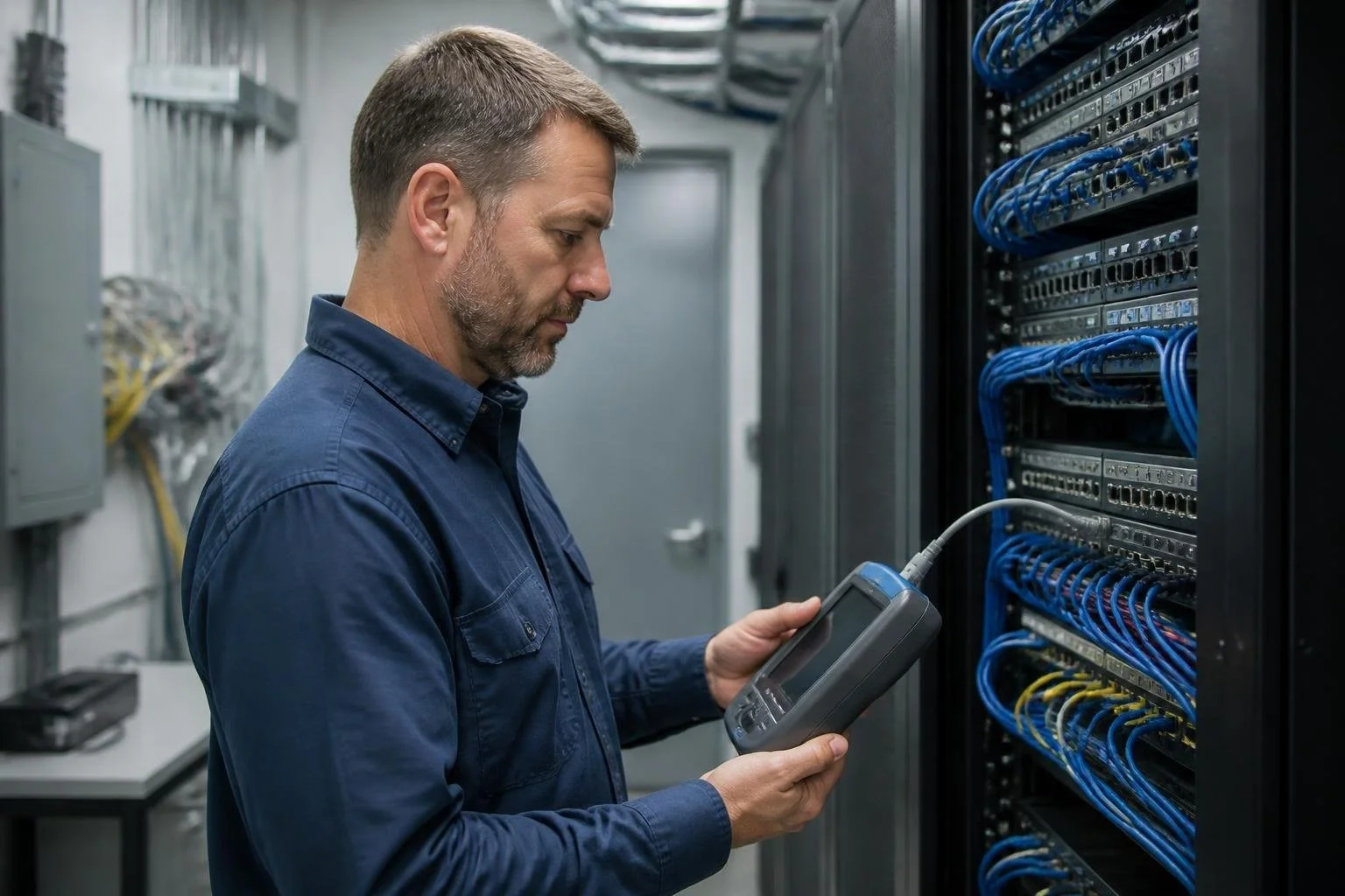 Technician certifying structured cabling with a handheld cable tester at a patch panel
