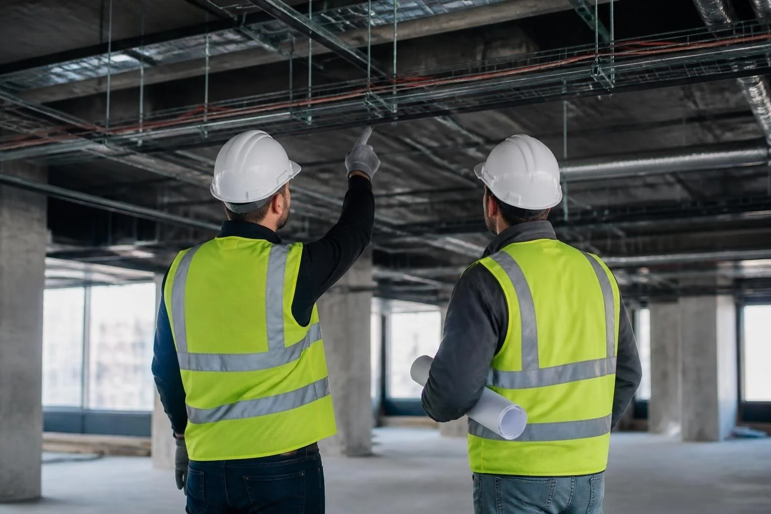 General contractor and telecom contractor walking an unfinished building during a pre-bid job walk