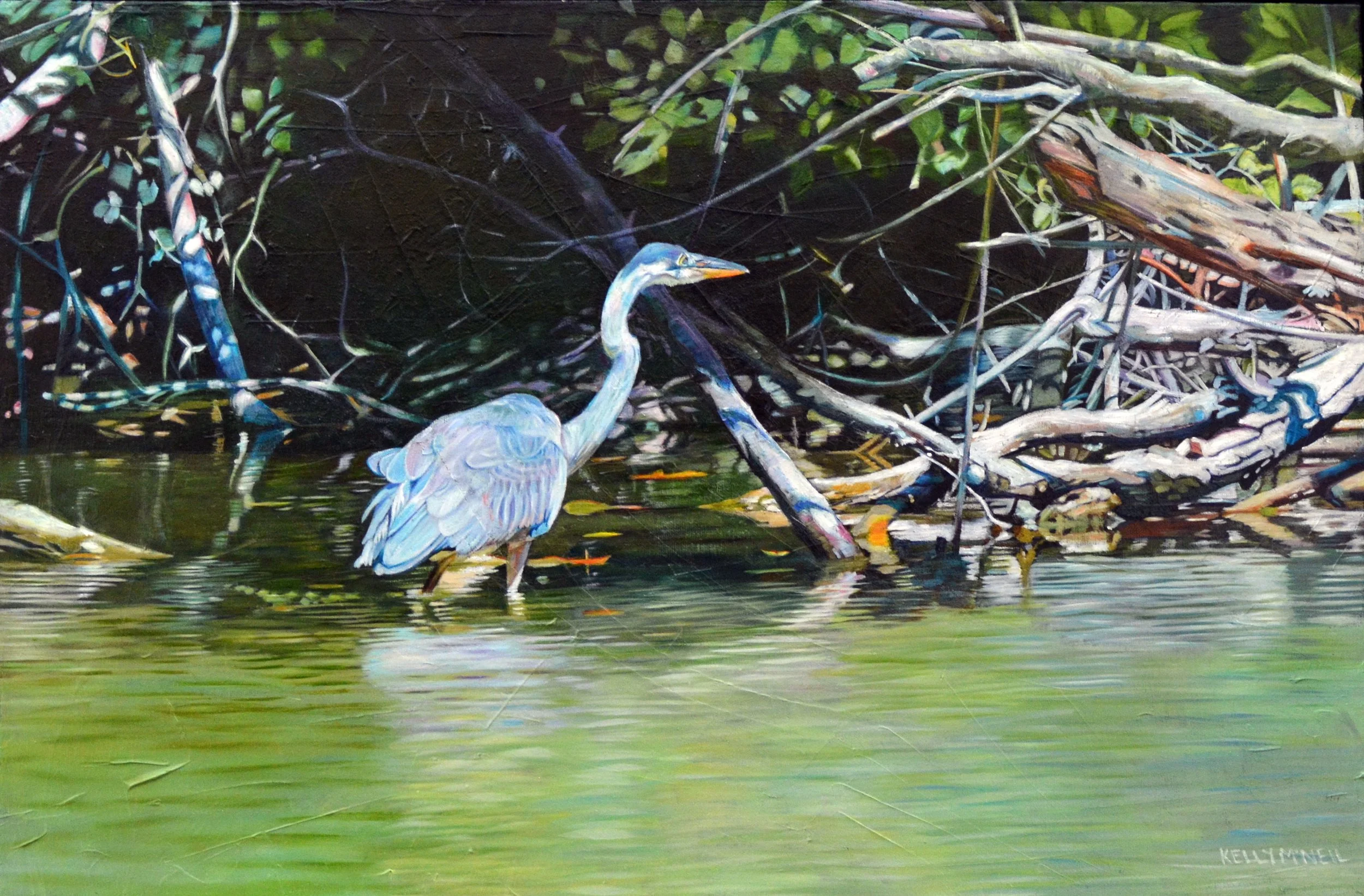  The River's Silent Guest, Great Blue Heron (16X24) Oil   Artist's Studio London, ON, FOR SALE