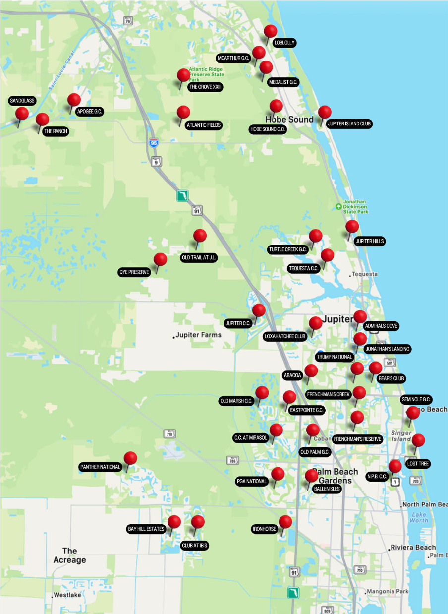 Map of country club locations in Northern Palm Beach County