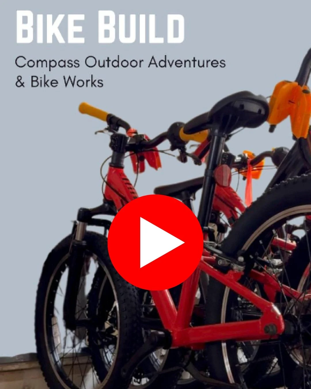 Three bicycles in different colors, with a red bike in the foreground, and a gray background with text about bike building, outdoor adventures, and bike works.