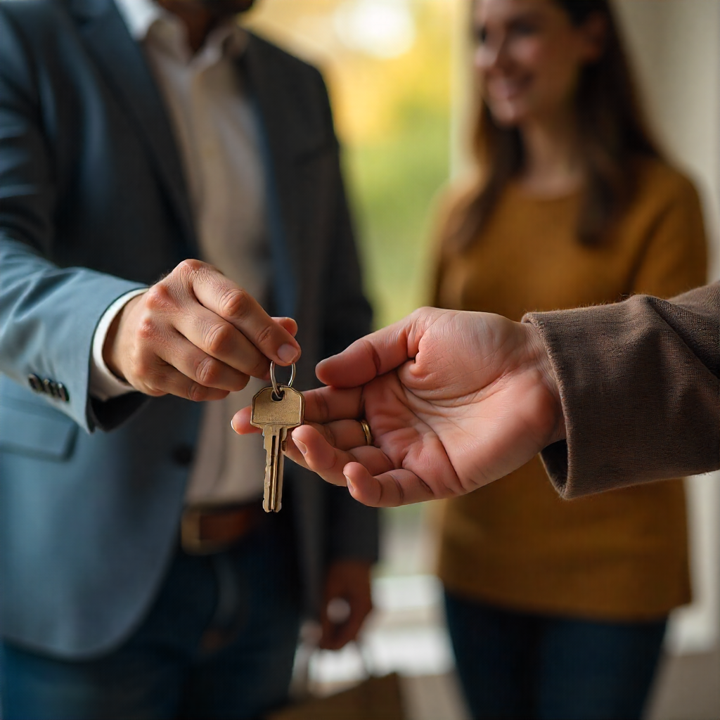 A person in a light blue blazer hands over a key on a keyring to another person in a brown jacket, while two people in the background look on. The scene appears to take place indoors near a window.