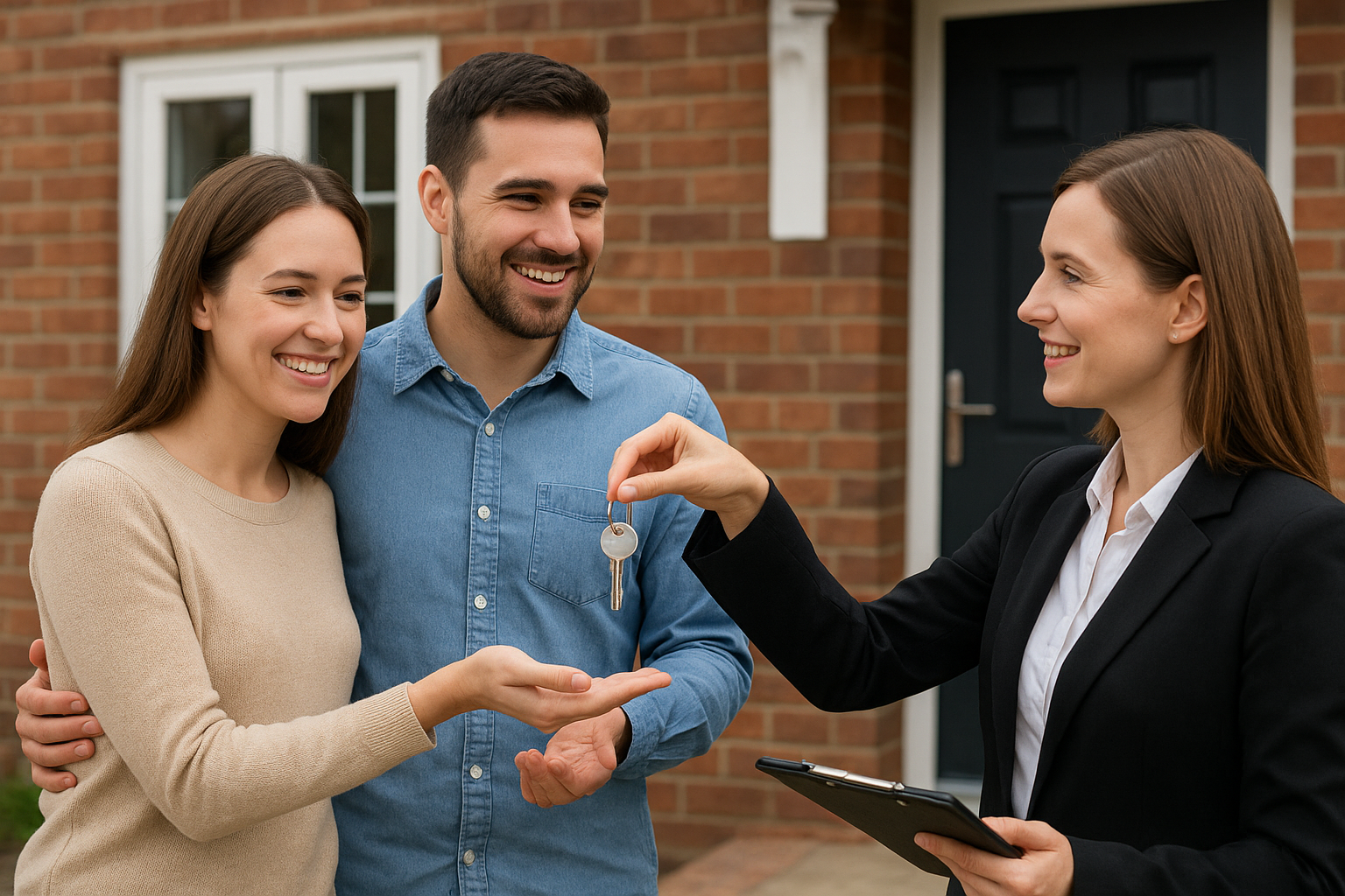 A woman in professional attire hands over keys to a couple outside a brick house, with both parties smiling.