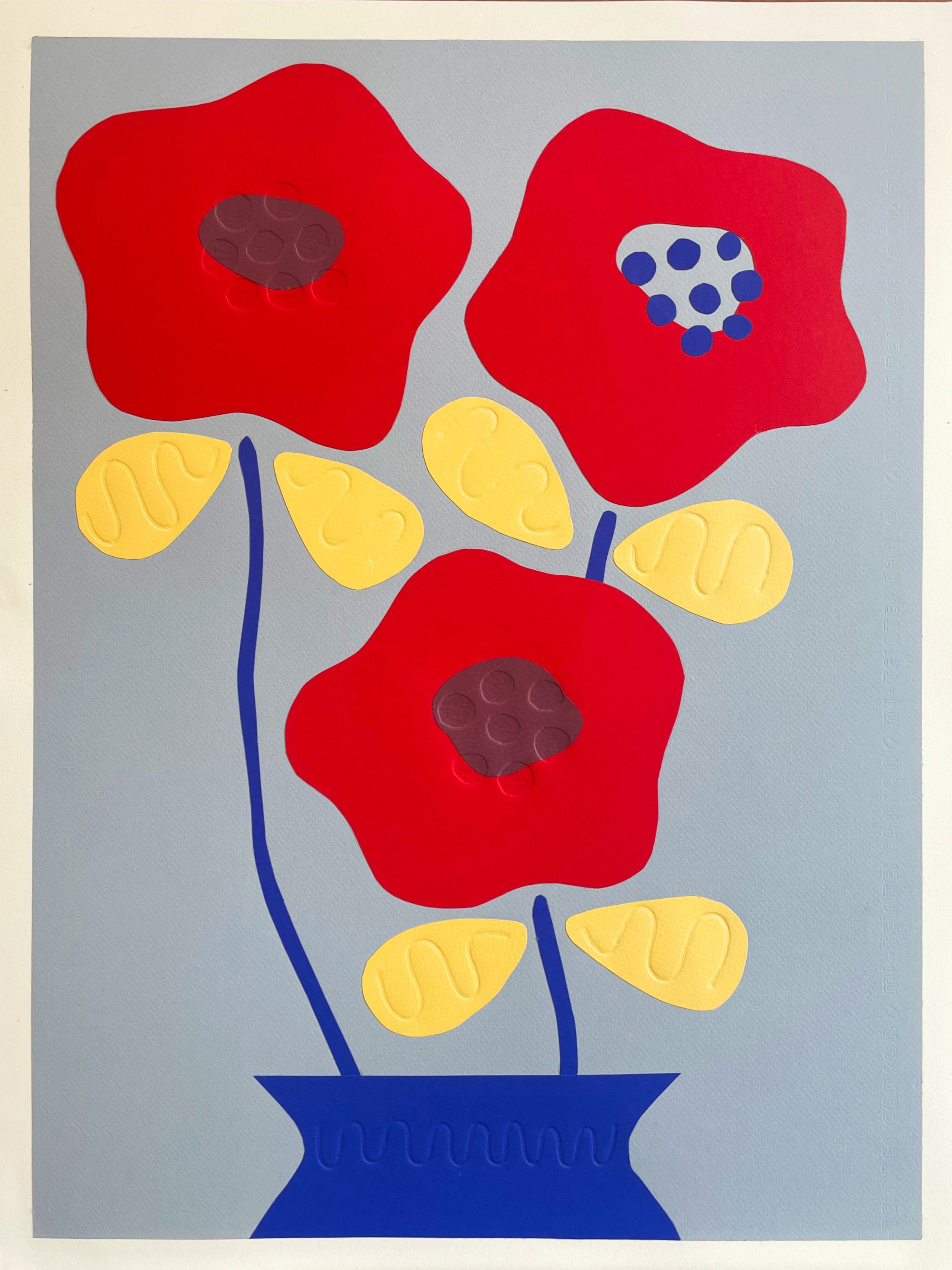 A colorful collage of red poppies with dark centers, yellow leaves, and a blue vase against a light background.