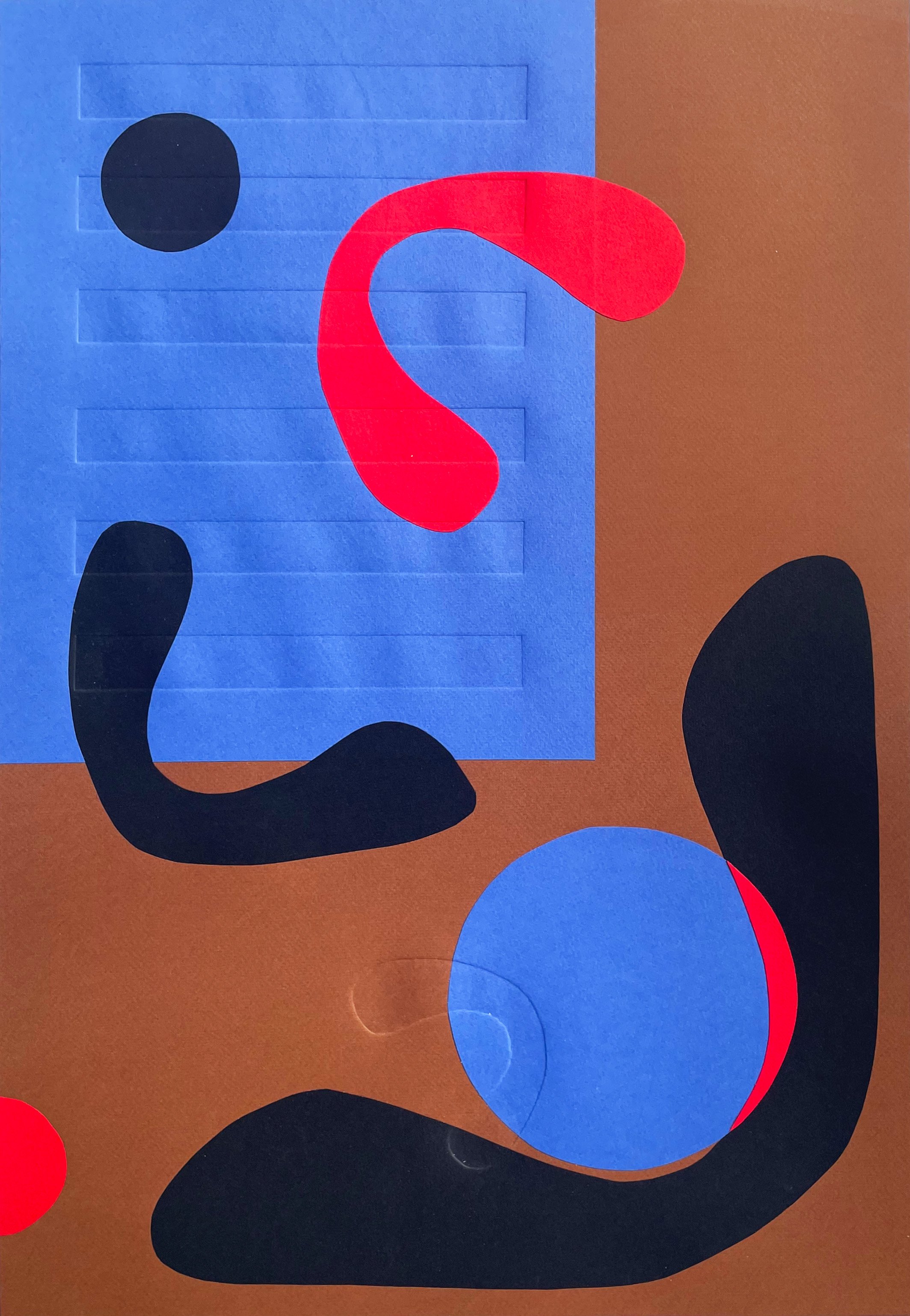 Abstract geometric artwork featuring blue, red, and black shapes on a brown background, including circles, curved lines, and rectangles.