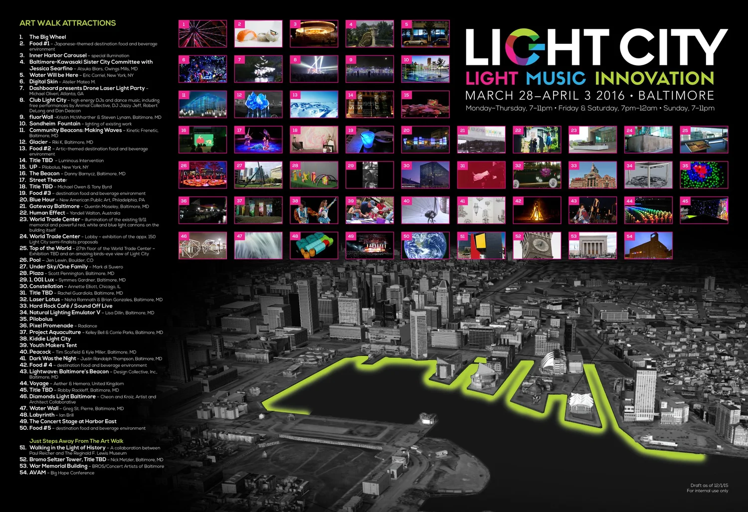 The 2016 Light City festival map along the Inner Harbor
