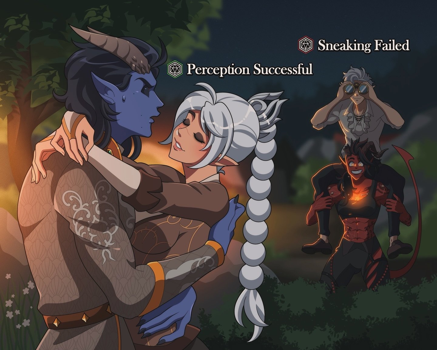 Commission for Chase! Tav and Shadowheart are enjoying some alone time, while Karlach and Astarion are trying to sneak a peek (and failing miserably)