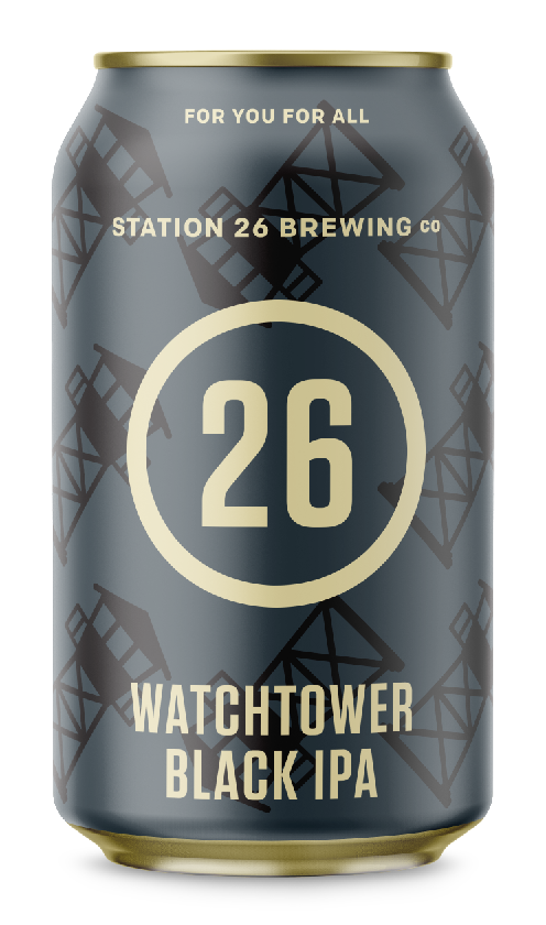 Canned beer labeled 'Watchtower Black IPA' from Station 26 Brewing Co., featuring a dark gray label with abstract geometric diamond shapes and the number 26 inside a circle.