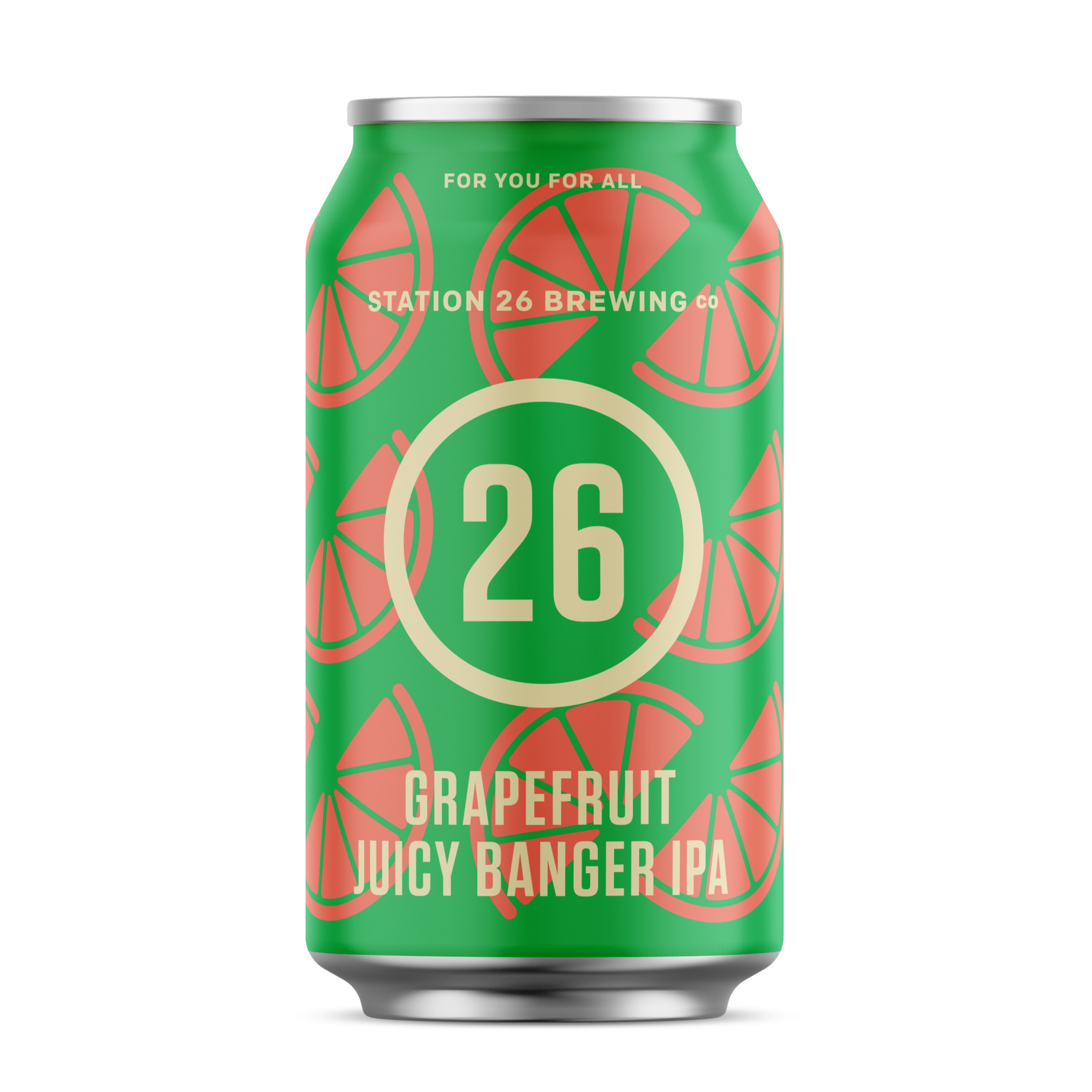 A green can of Station 26 Brewing Co grapefruit Juicy Banger IPA with pink grapefruit slices design.