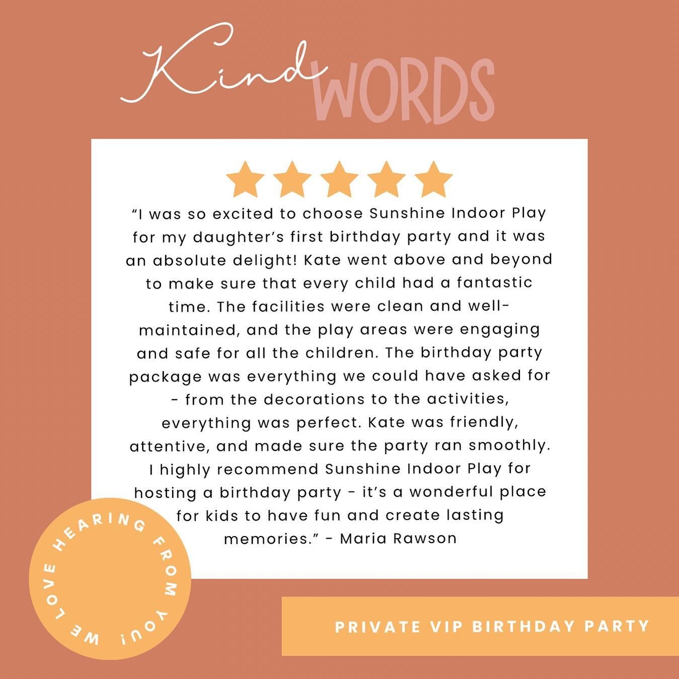 Good reviews are like little love notes to small businesses. I loved reading this sweet review after celebrating their daughter&rsquo;s 1st birthday party at Sunshine! ☀️ 🎉 

The weather is looking to be over 100 degrees next week! Summer parties ar