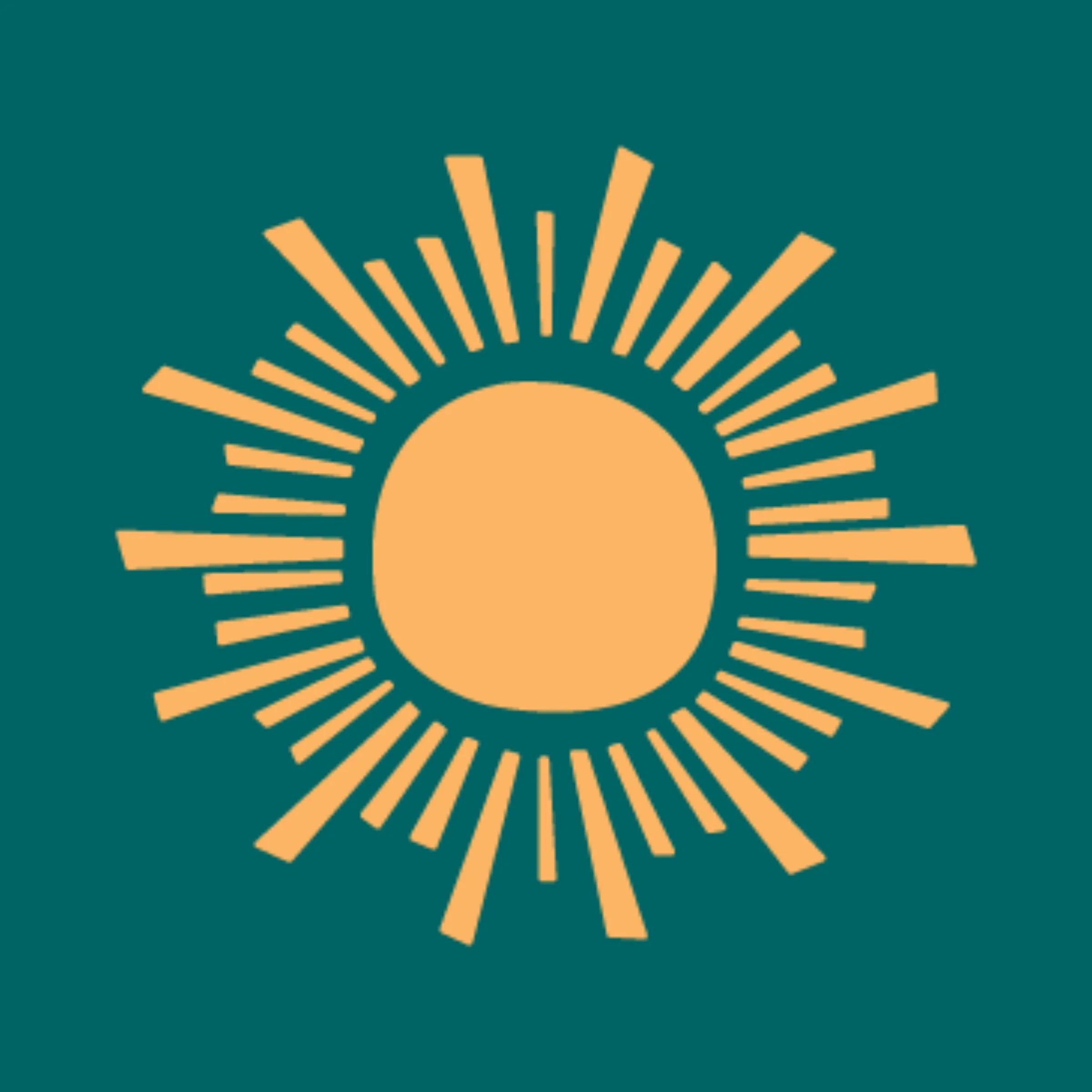 Stylized sun icon with a circular center and radiating lines on a teal background.