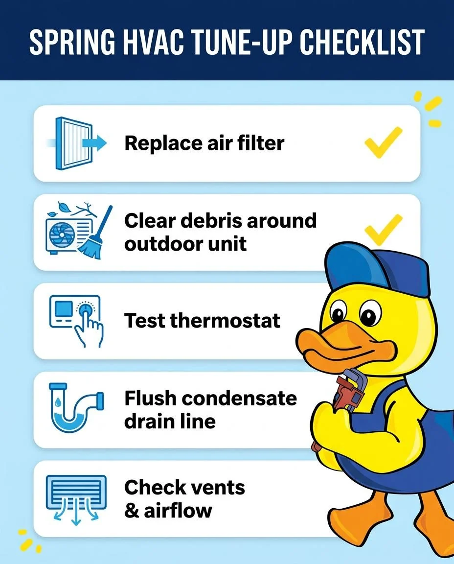 Quack quick&mdash;spring&rsquo;s here, and your HVAC deserves a little TLC before the first hot streak 😄

Spring Tune-Up Checklist:
✅ Replace air filter
✅ Clear debris around outdoor unit
✅ Test thermostat
✅ Flush condensate drain line
✅ Check vents