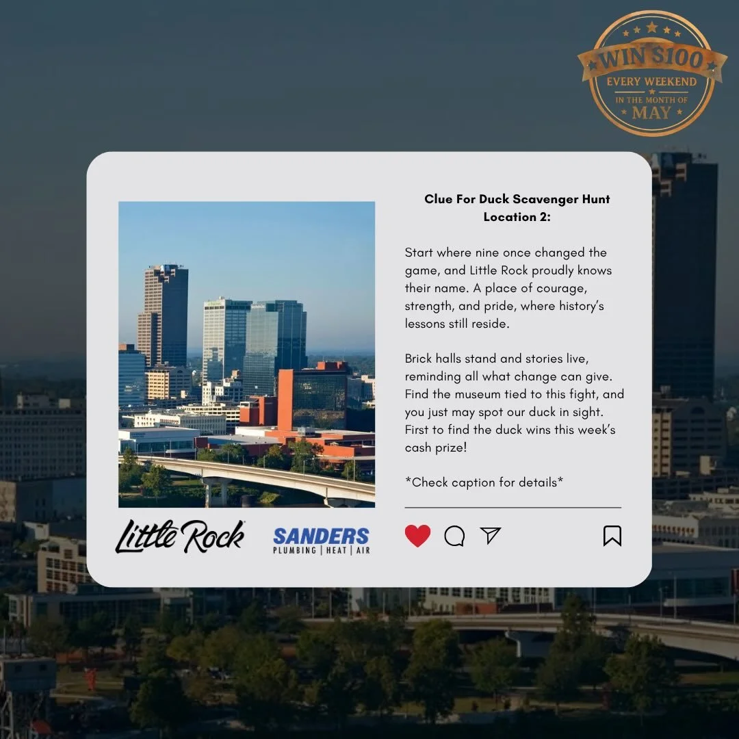Little Rock&hellip; the duck is back on the move 👀

Round two of The Great Duck Hunt is happening THIS Saturday (5/16), and our giant duck will be hiding at another iconic Little Rock spot from 10am&ndash;3pm.

Here&rsquo;s how it works:
Each Wednes