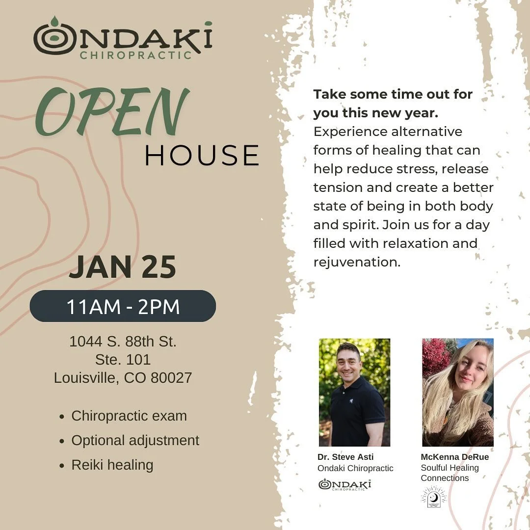 Kickstart your year with relaxation and renewal! 🌿 Join us @ondaki_chiropractic Open House on Jan 25 from 11 AM - 2 PM in Louisville, CO. Explore alternative healing with a chiropractic exam, optional adjustment, and Reiki healing. Take a moment for