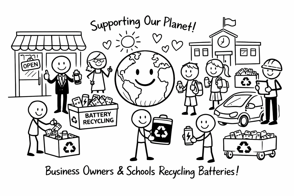 Community recycling illustration showing local schools, businesses, and families