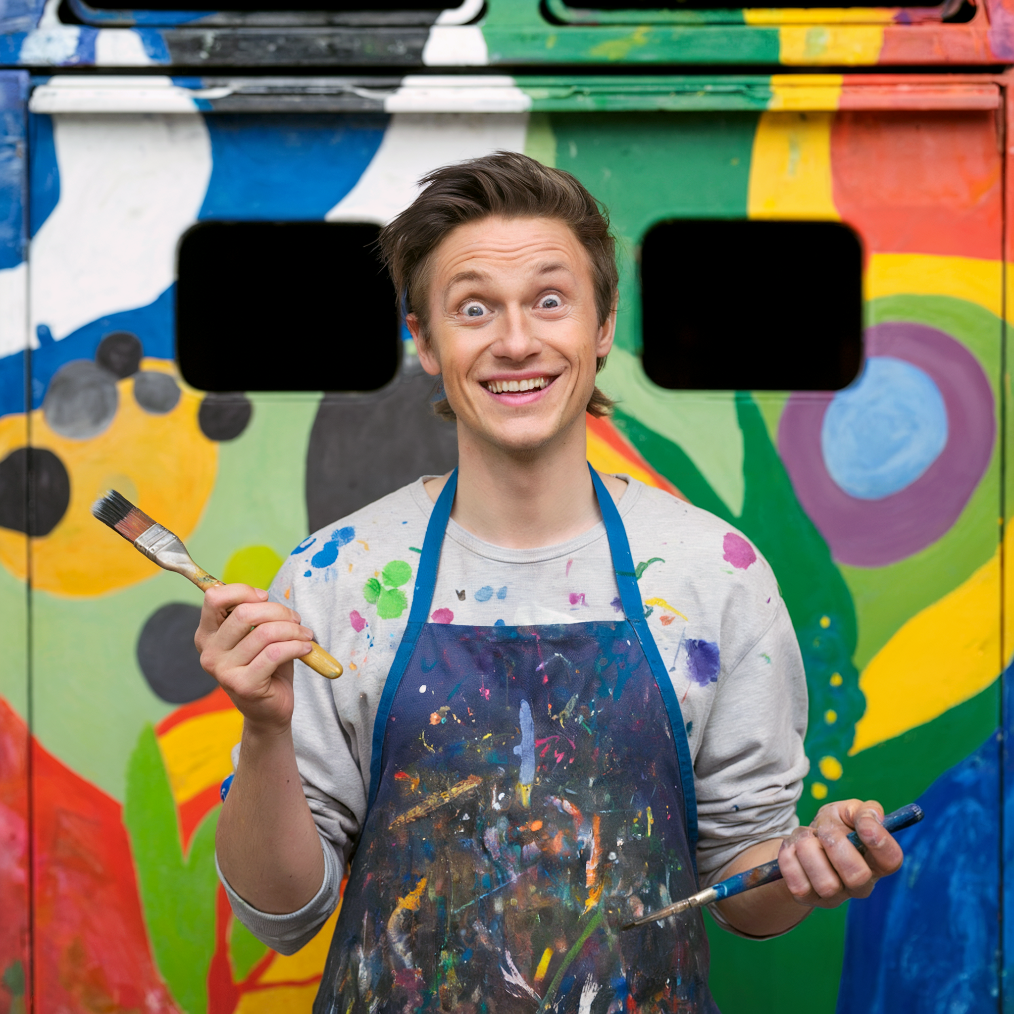 A young male artist with paint on his clothes and apron, holding paintbrushes, standing in front of a colorful abstract mural with black cut-out windows.