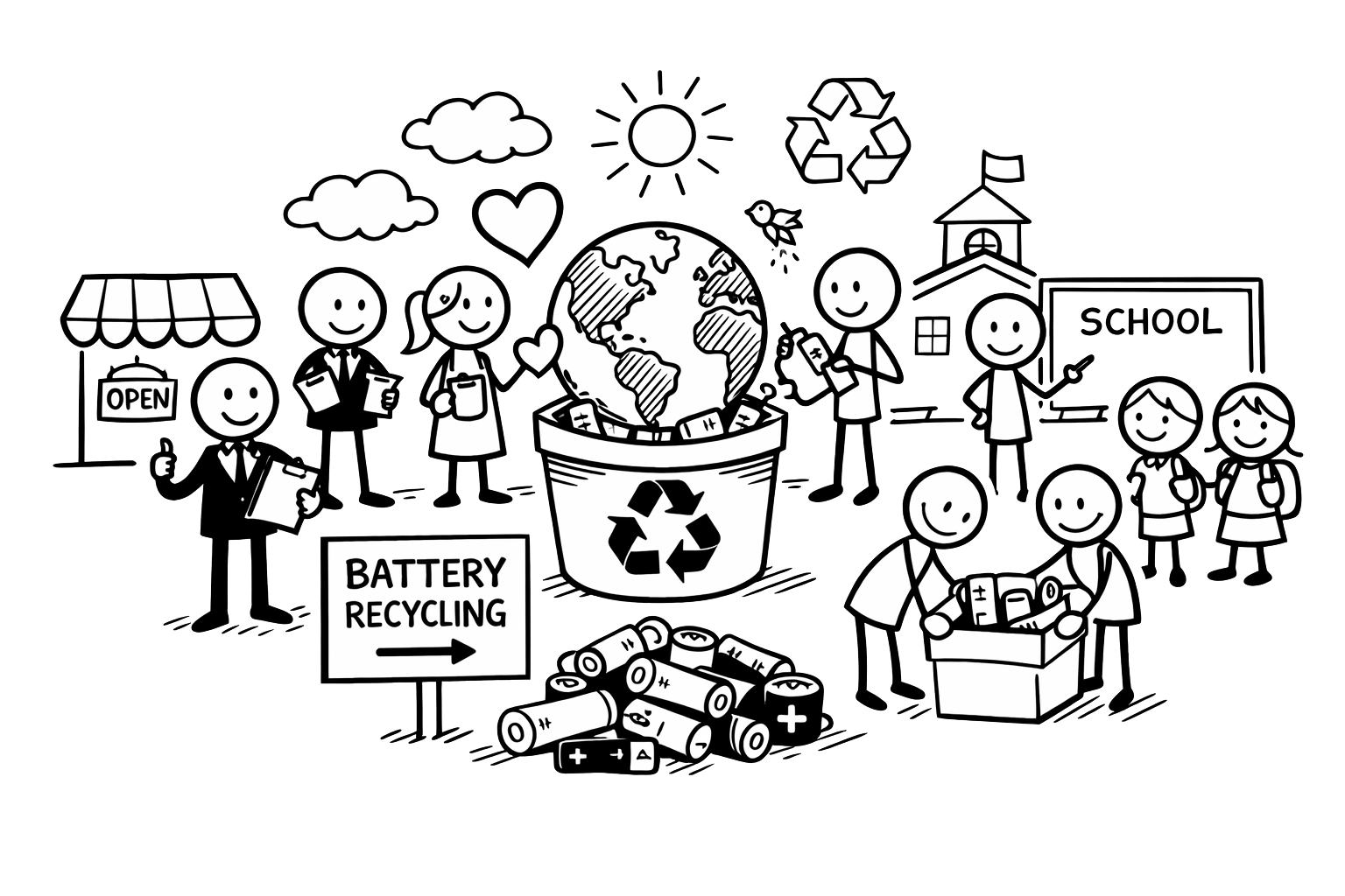 A recycling event promoting battery recycling with children and adults collecting batteries, a sign pointing to battery recycling, a globe with recycling symbols and batteries around it, a school, and a shop, emphasizing environmental conservation.