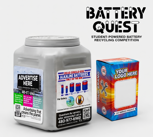 ResQ combined graphic featuring bins, boxes, and Battery Quest
