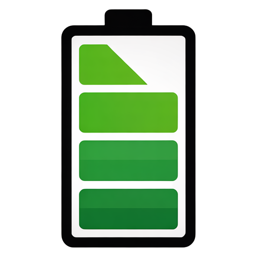 Illustration of a smartphone with a battery icon on the screen, showing a full charge in shades of green.