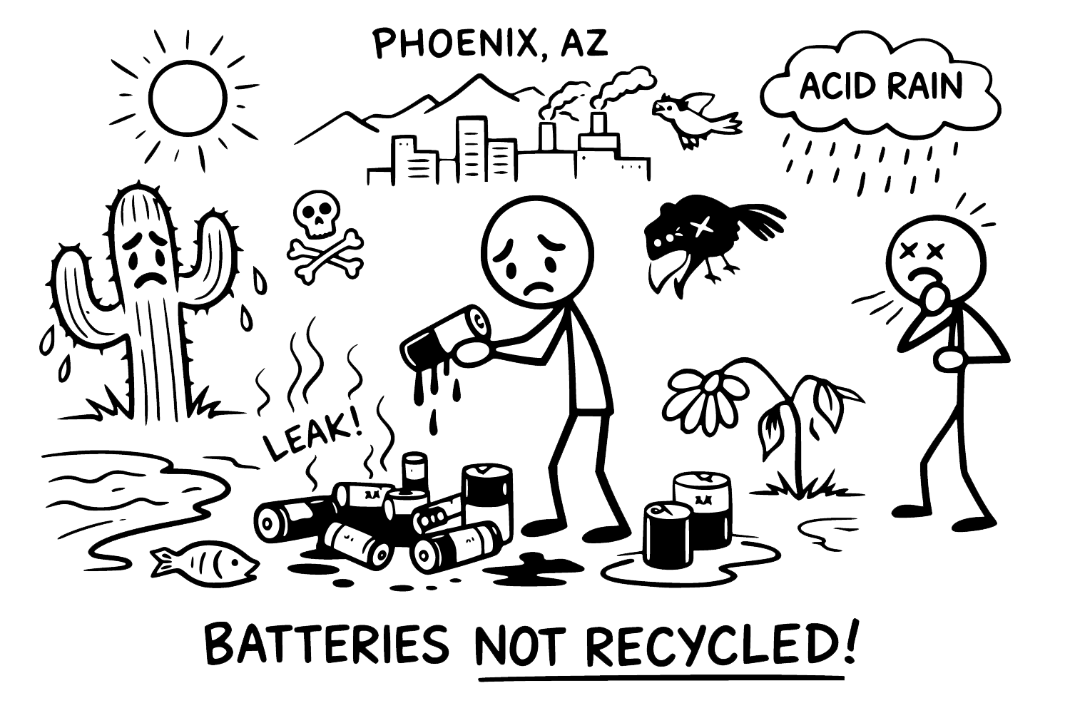 A black and white illustration showing the negative effects of improperly recycling batteries. It depicts a sad cactus and a person holding leaking batteries, with leaking batteries and a fish nearby, a bird flying near a factory emitting pollution, an atomic symbol, a skull and crossbones, and a person coughing. The image includes a cloud with rain labeled 'acid rain' and a caption at the bottom stating, 'BATTERIES NOT RECYCLED!'.