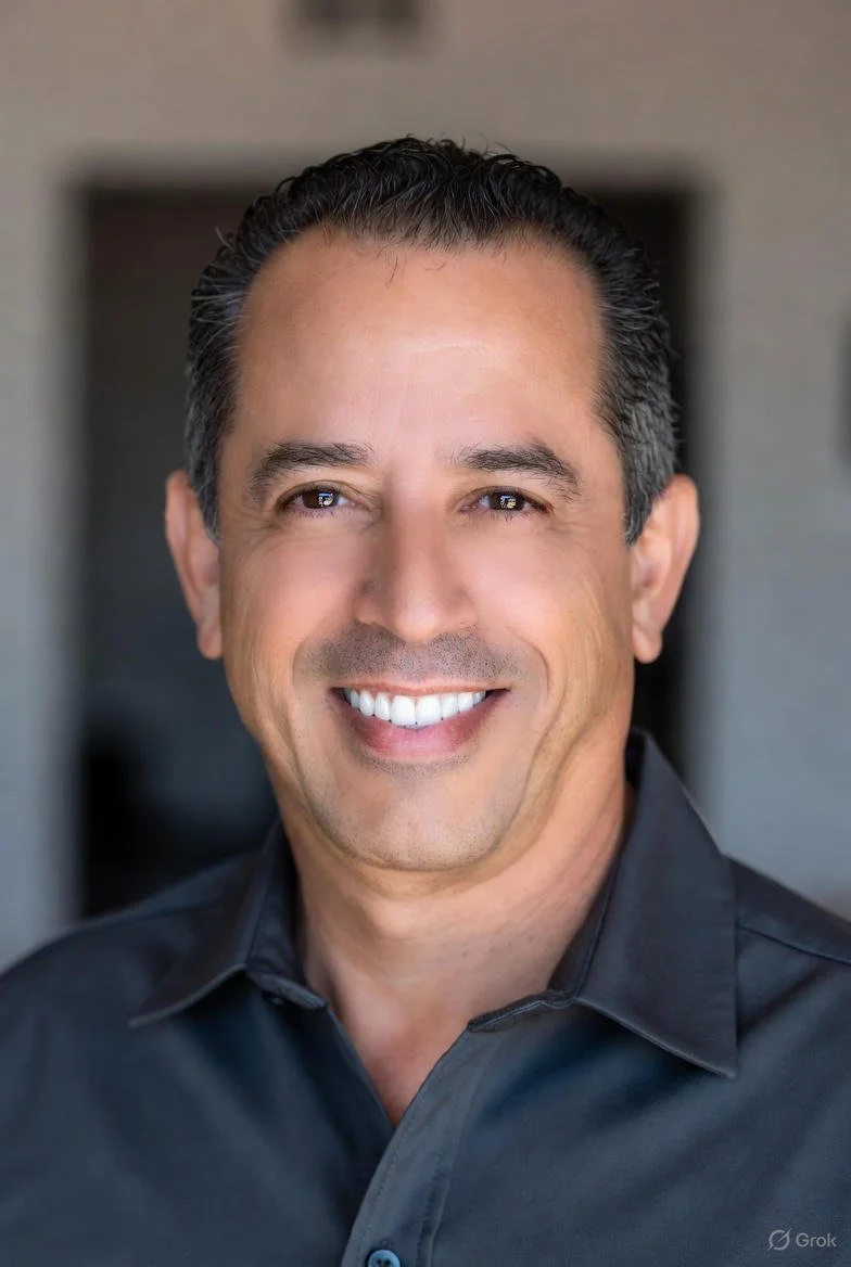 Close-up portrait of a smiling middle-aged man with short dark hair, wearing a black collared shirt, standing outdoors.
