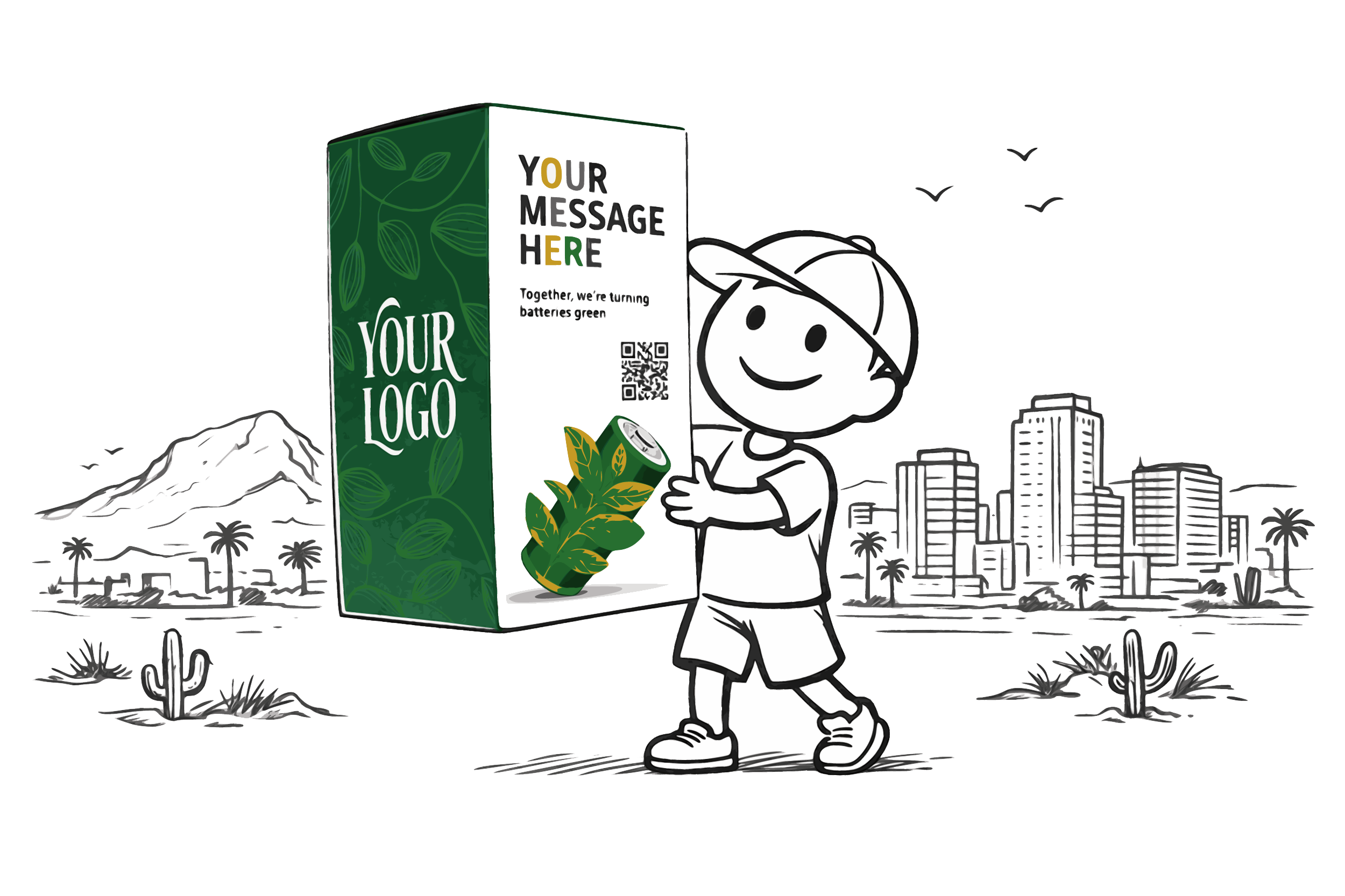 A cartoon boy in a cap and shorts holding a green battery box with a cityscape, mountains, and desert plants in the background.