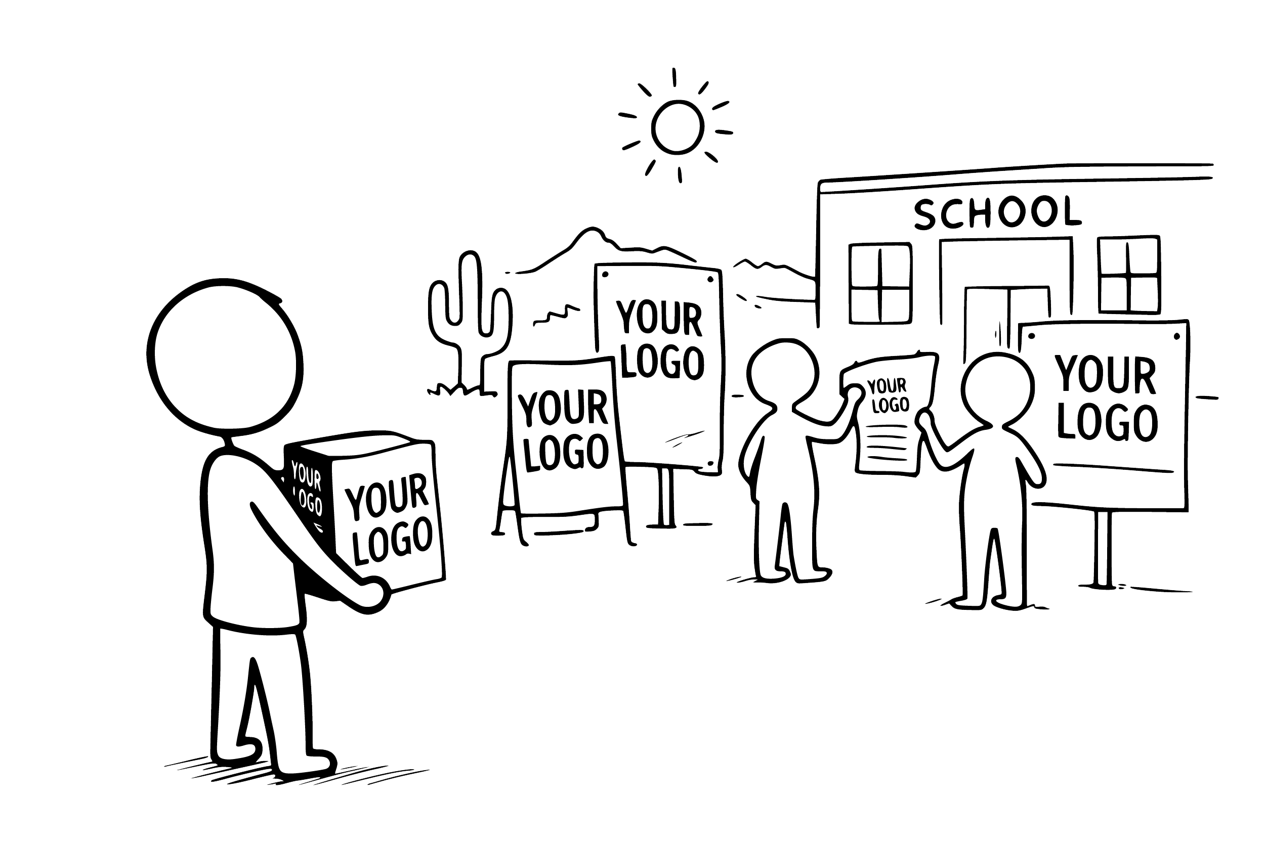 Line drawing of a group of people setting up outdoor banners and signs with placeholders for logos, near a school building in a desert landscape with mountains, cactus, and the sun overhead.
