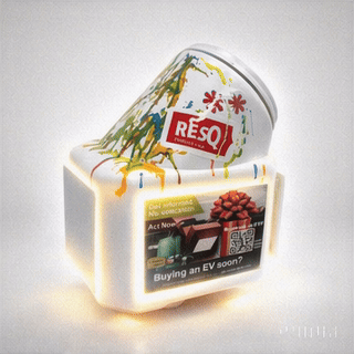 A clear glass of Reposado tequila with a colorful label, placed inside a translucent illuminated box with a digital screen showing a news article about buying an electric vehicle.