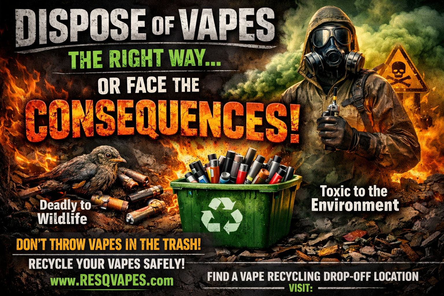 A poster warning against improper disposal of vaping products, featuring a person in protective gear and a bird among discarded vapes, with fire and explosion imagery to emphasize danger and environmental harm.