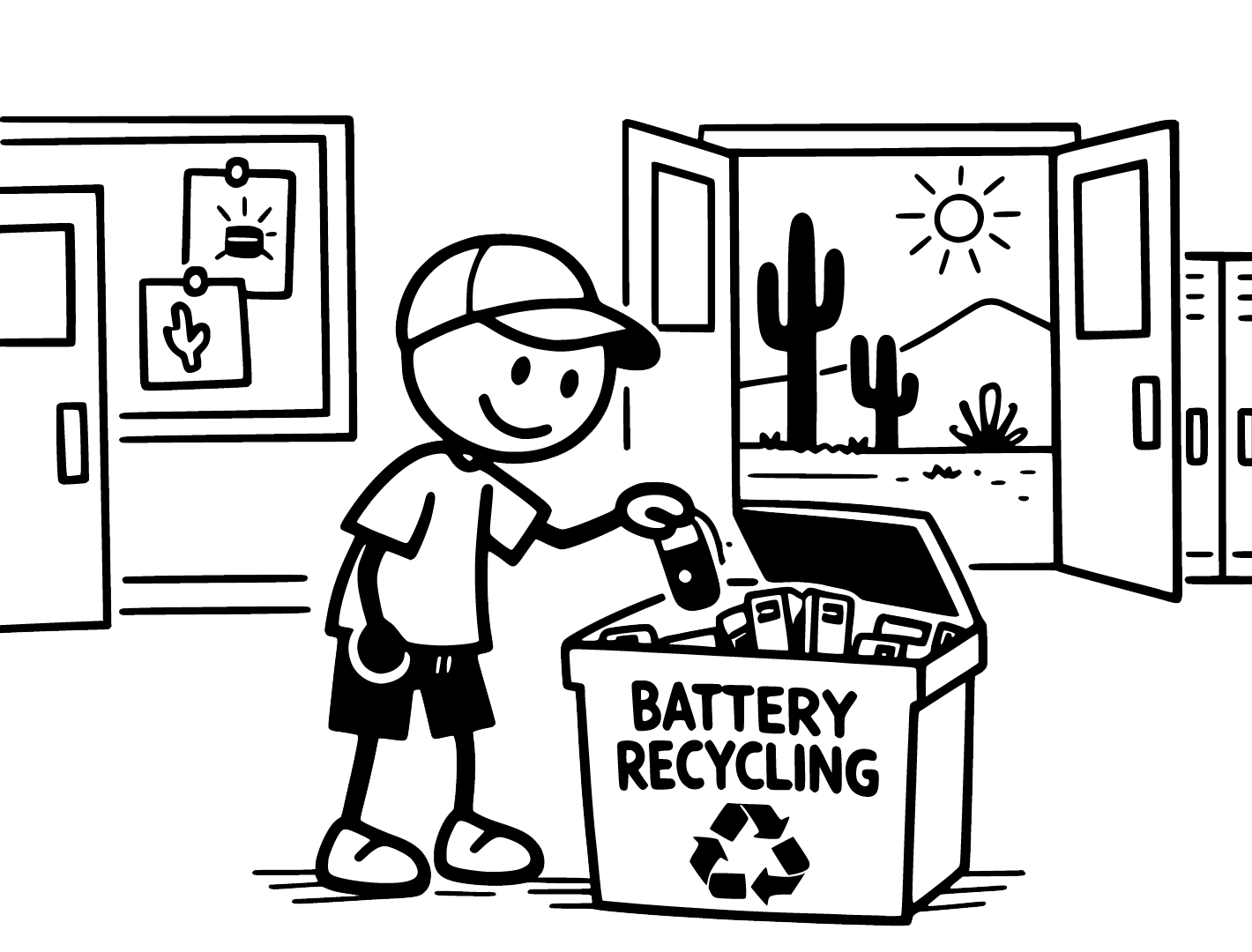 A child recycling batteries into a labeled bin with sun, mountains, and cactus outside