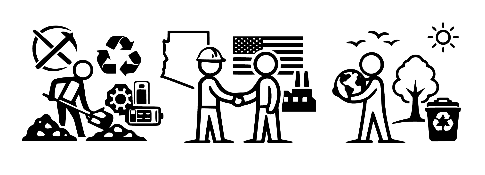 Silhouette of people engaging in recycling, environmental conservation, and sustainability activities, including planting trees, shaking hands, and handling recyclables.