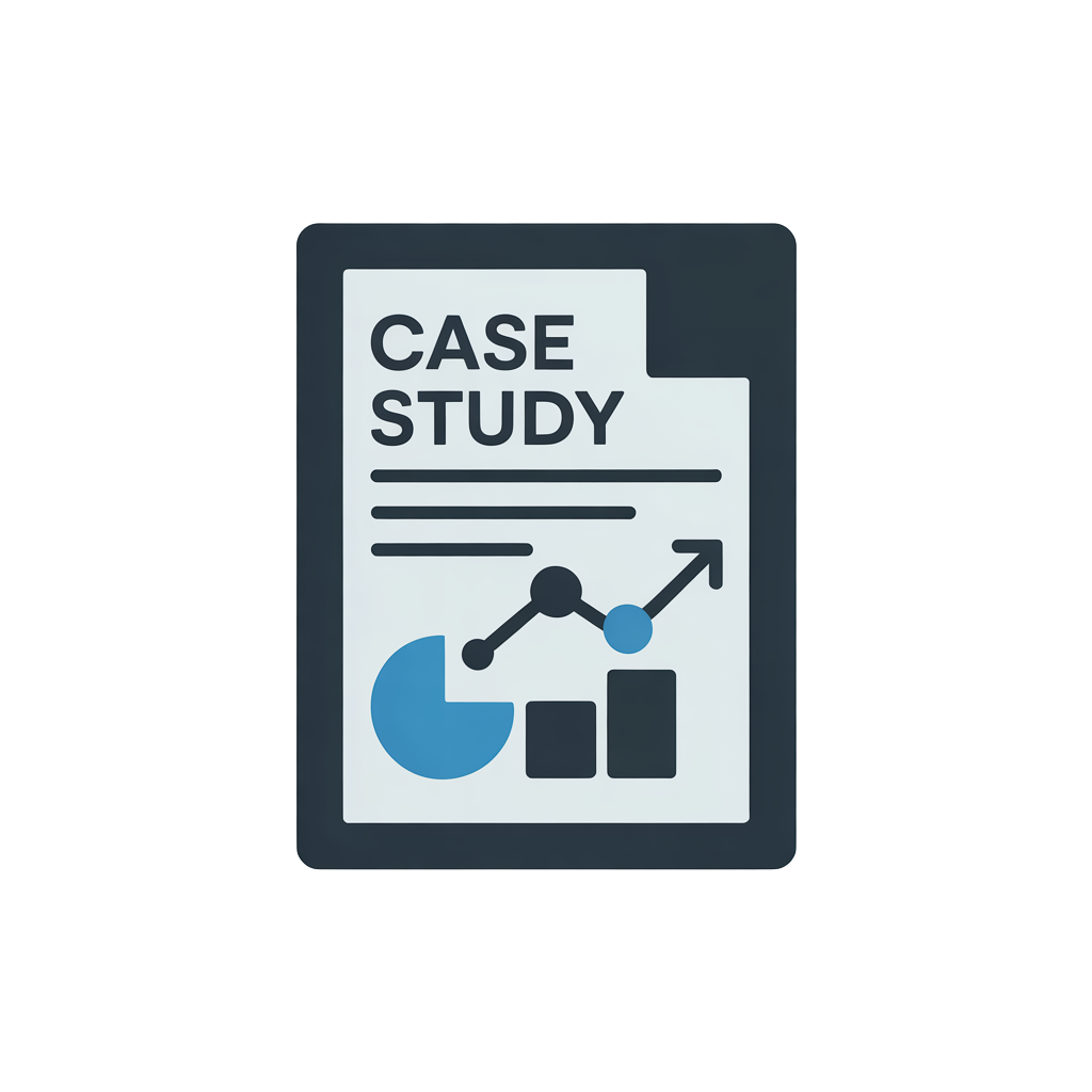 Illustration of a report titled 'Case Study' with a pie chart, bar chart, and line graph, displayed on a dark background.